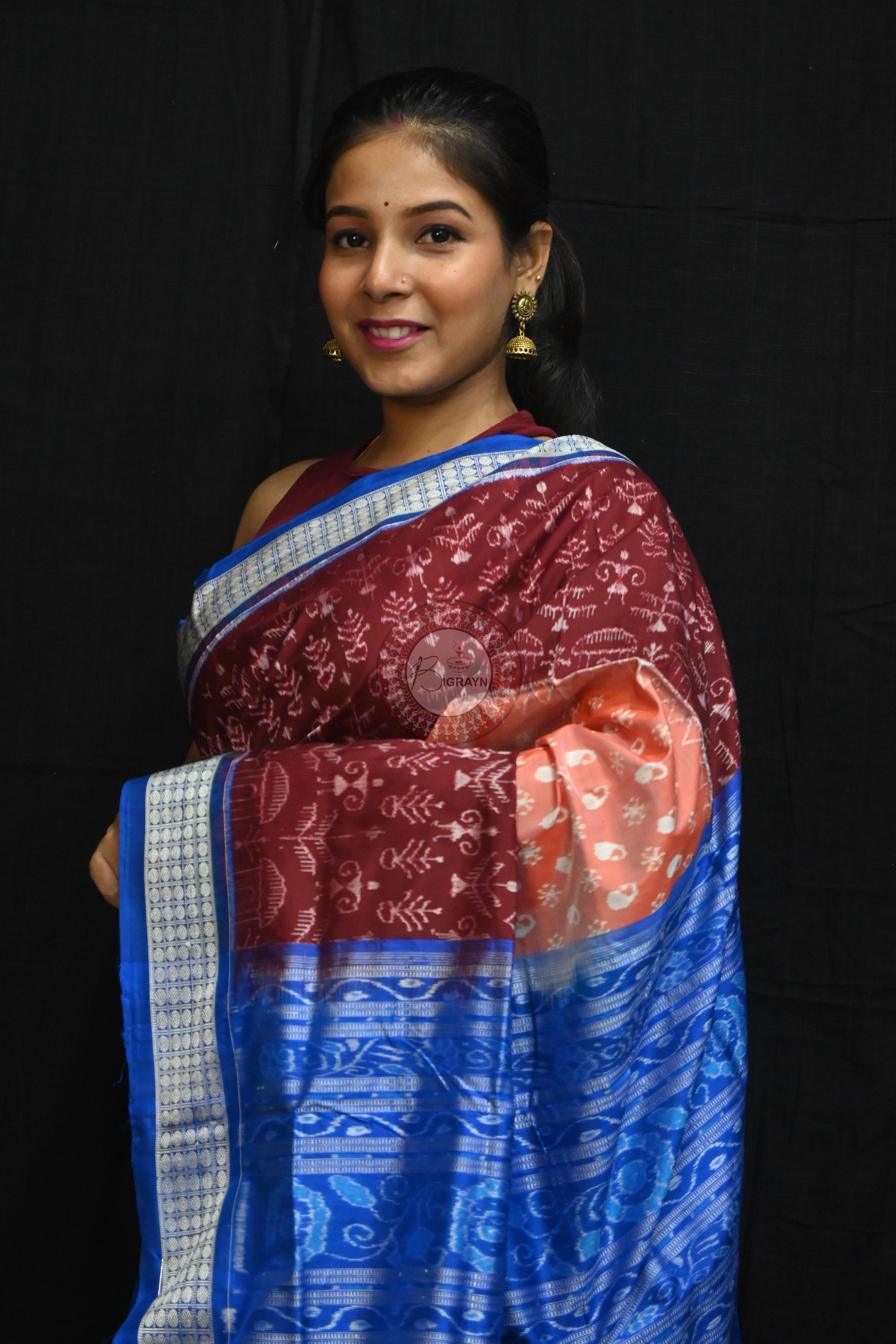 Peach Parsley Maroon Tribal Scot Sambalpuri Silk Saree