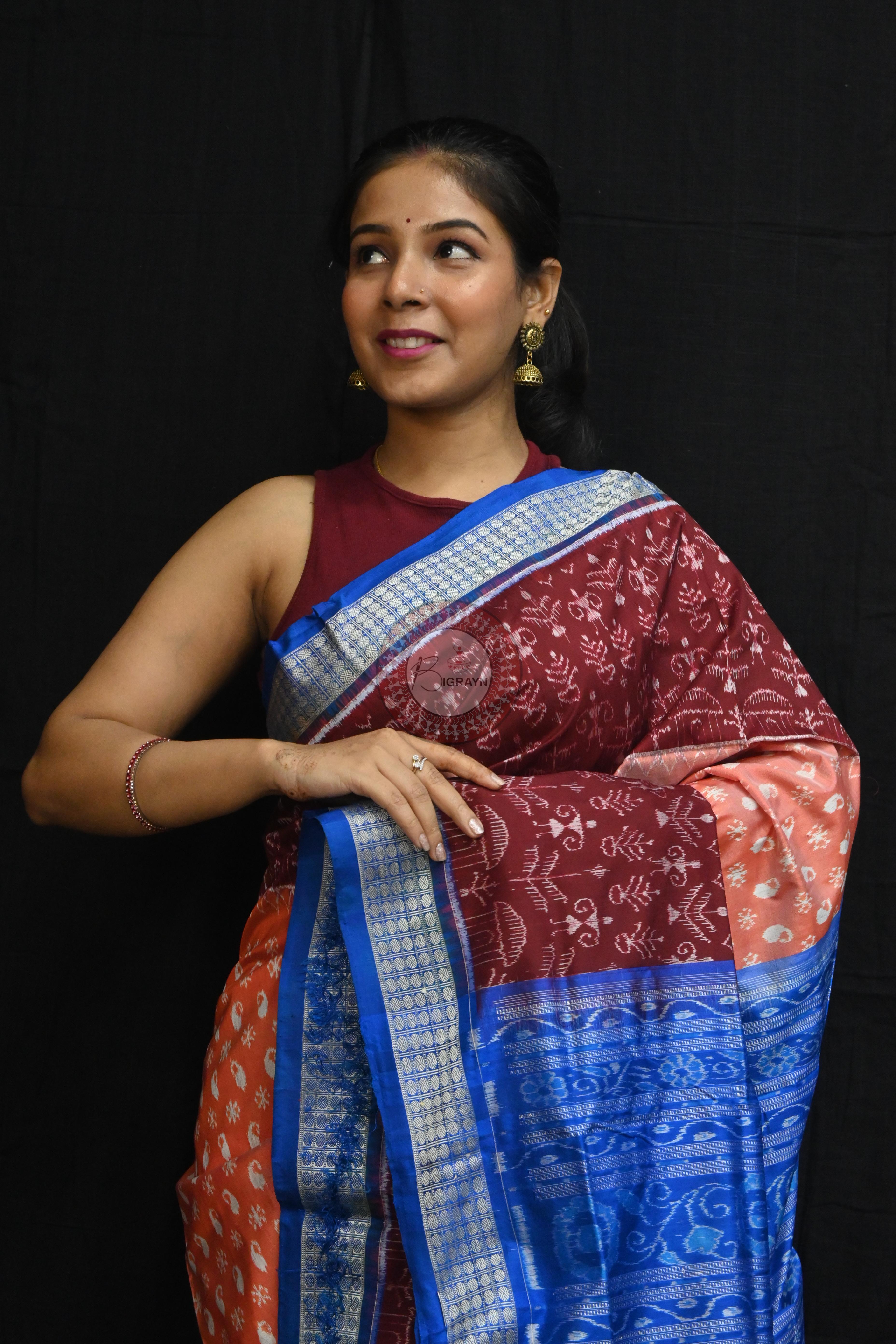 Peach Parsley Maroon Tribal Scot Sambalpuri Silk Saree