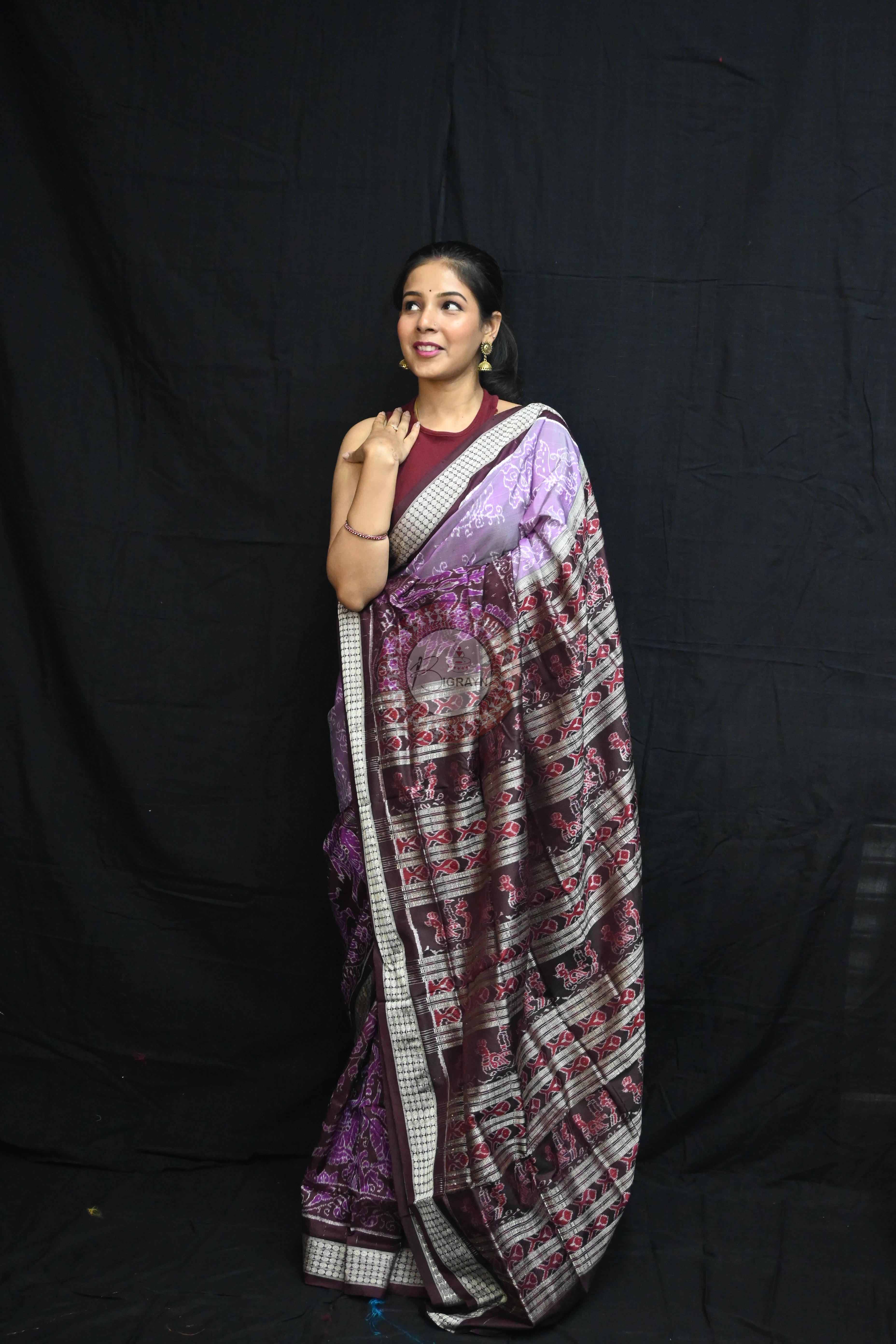 Dual Peacock Violet Maroon Sambalpuri Silk Saree