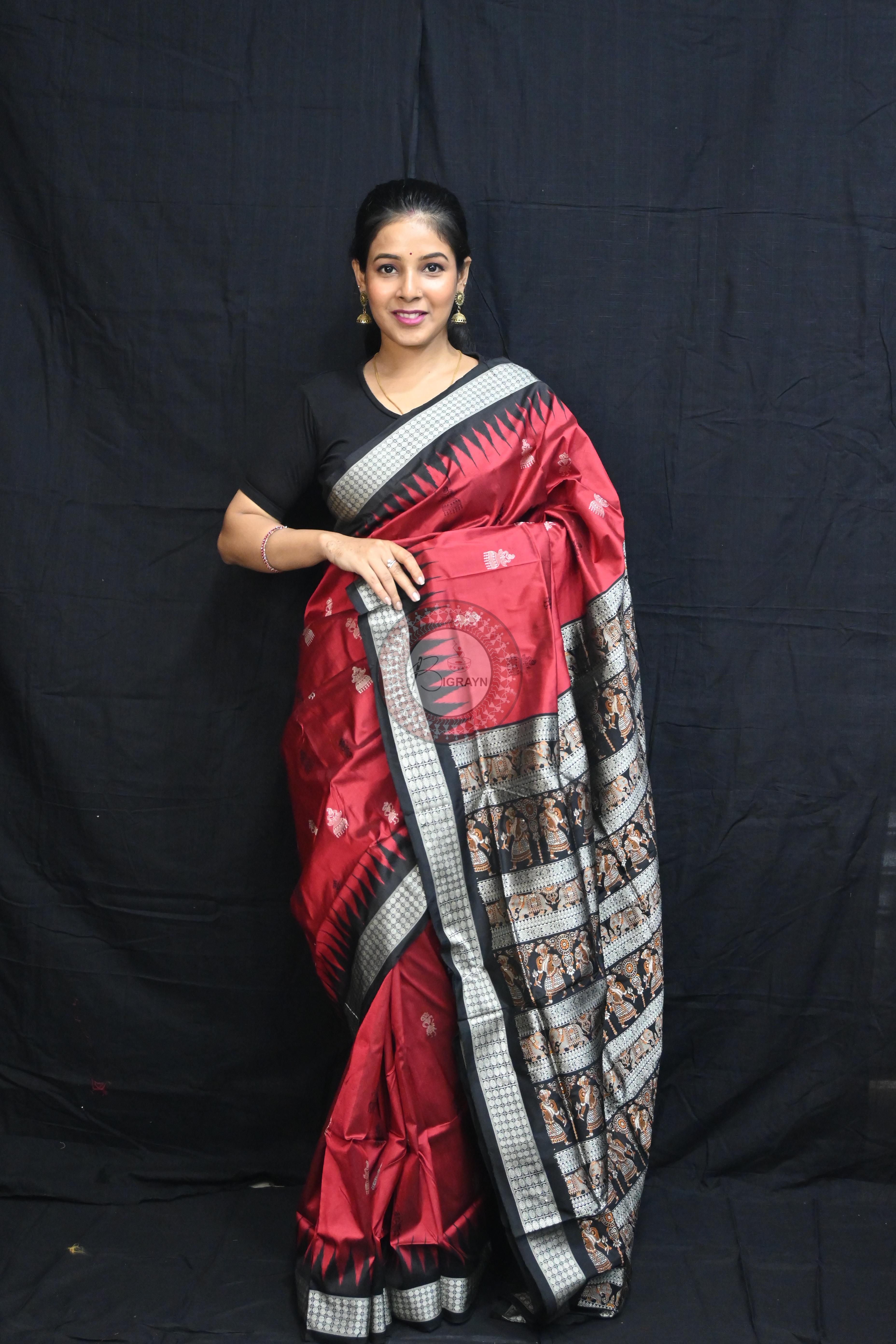 Maroon Black Jhumka Tribals Bomkai Silk Saree