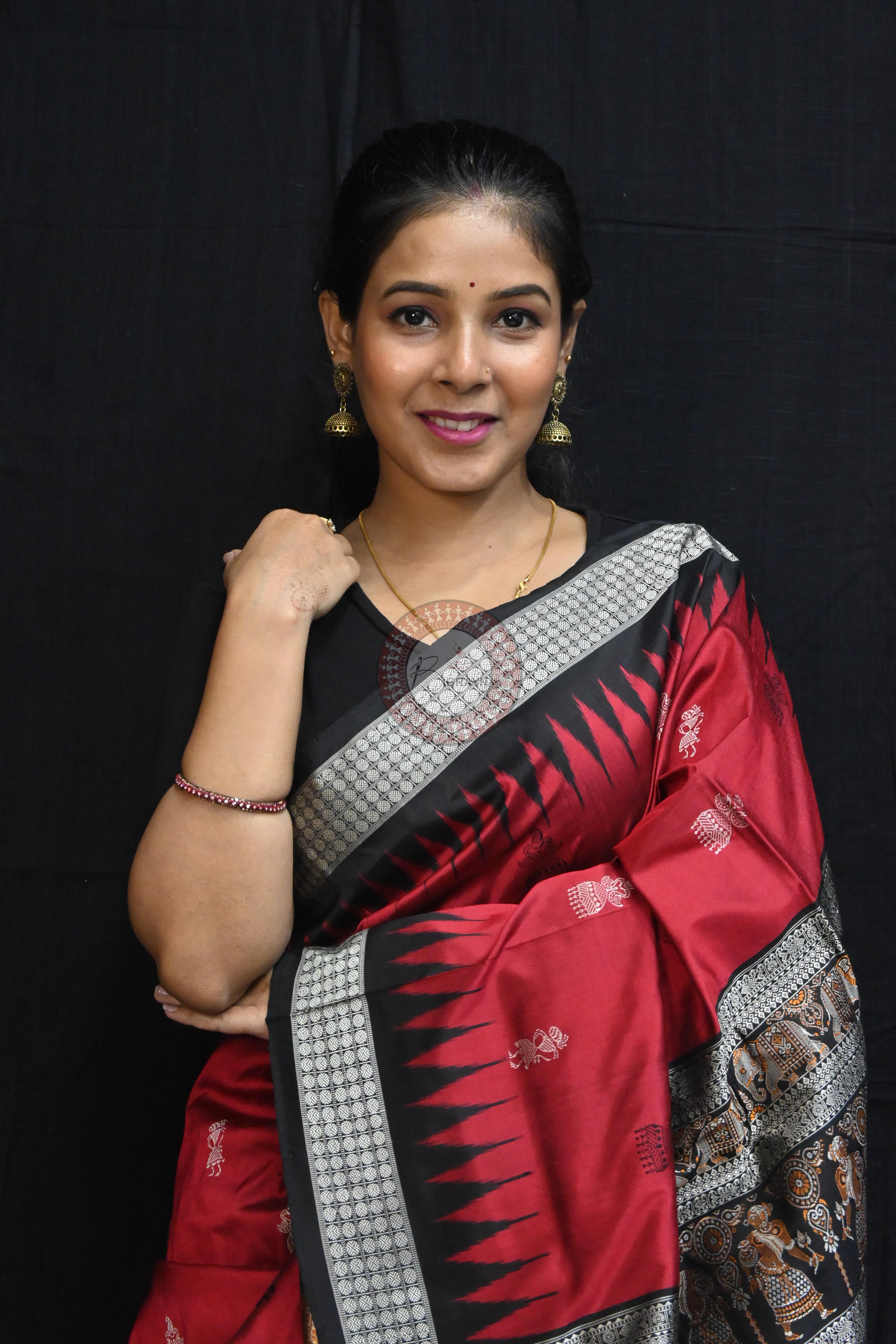 Maroon Black Jhumka Tribals Bomkai Silk Saree