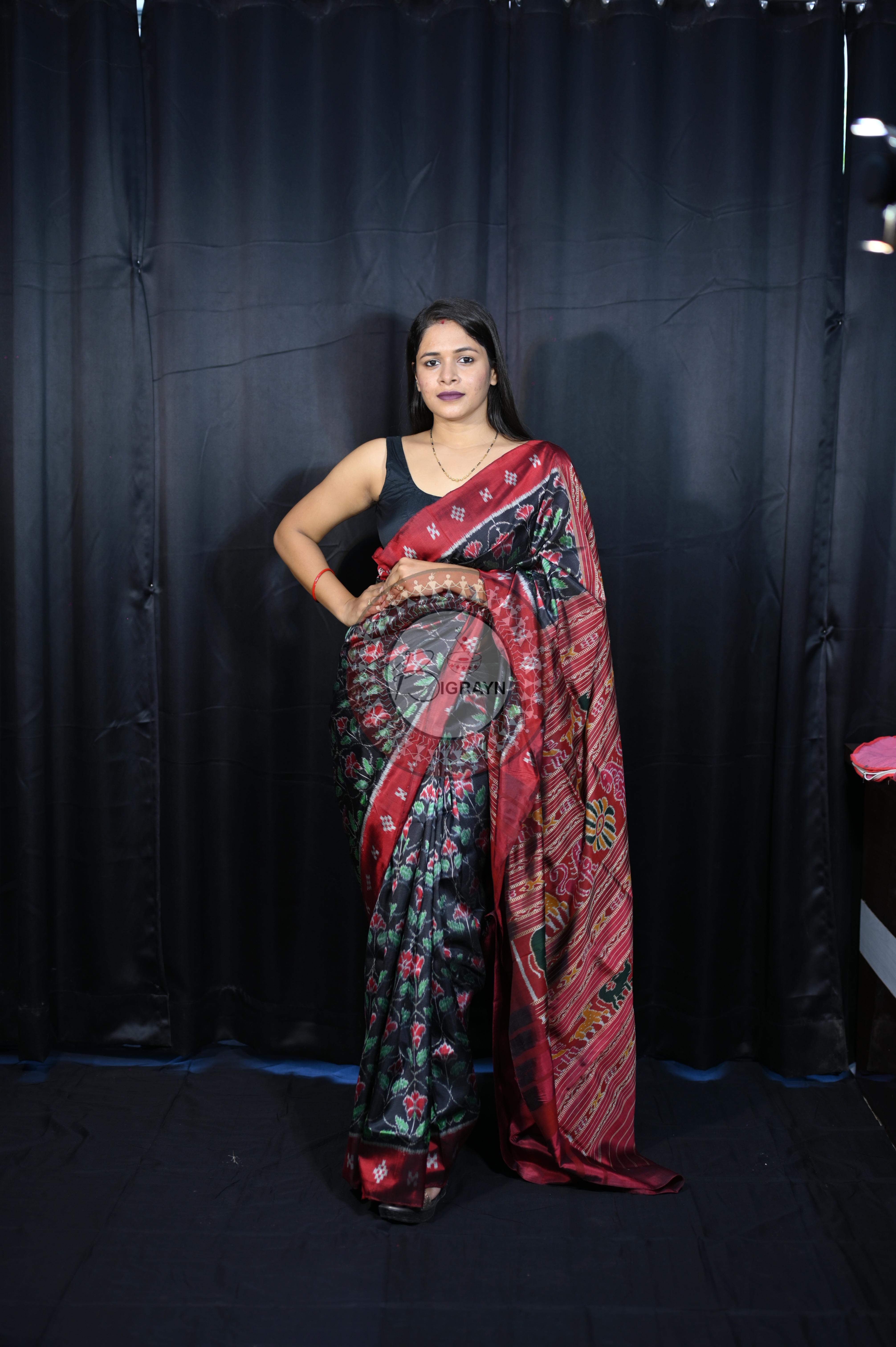 Black Maroon Hibiscus Mulberry Silk Saree