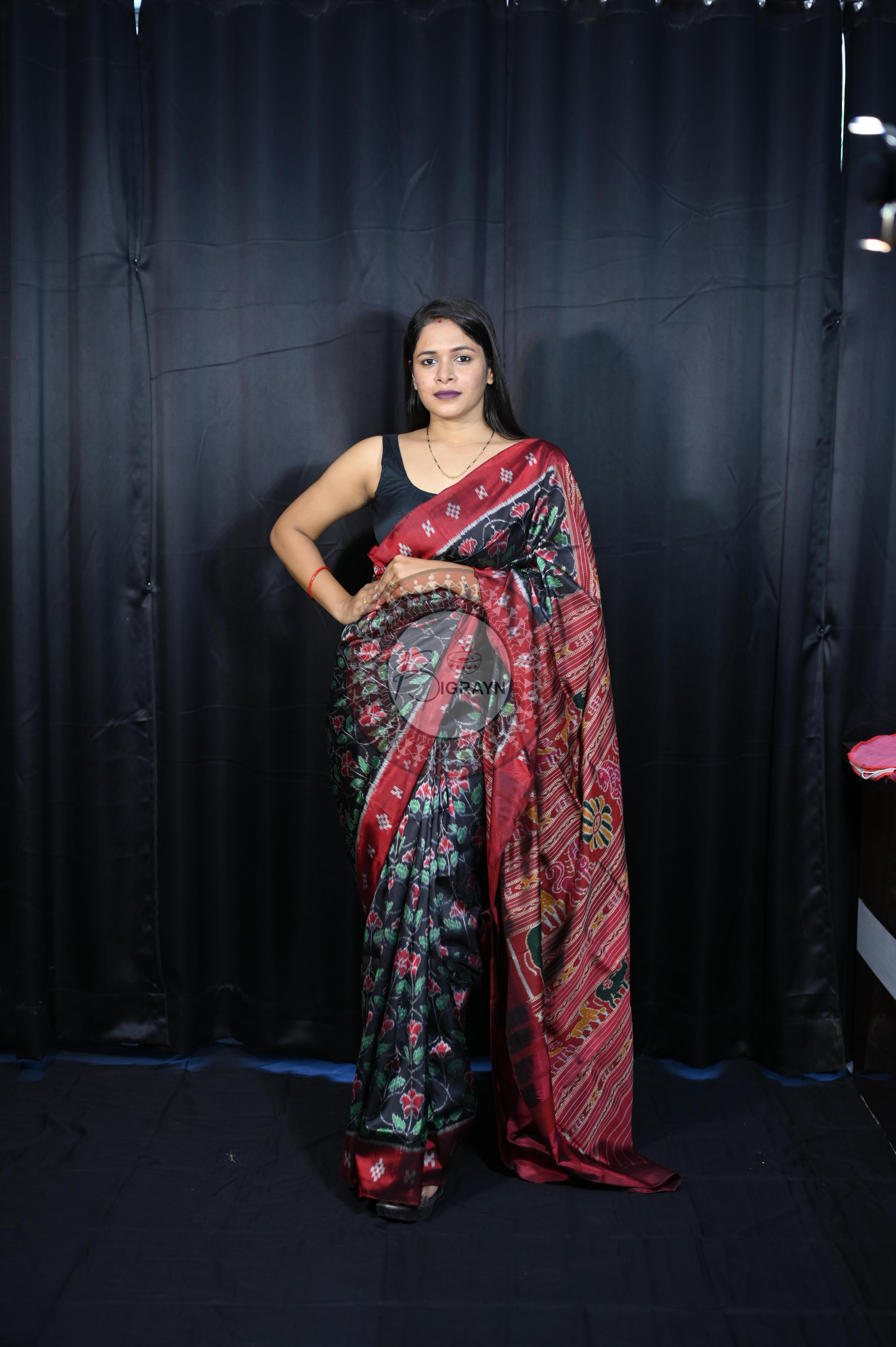 Black Maroon Hibiscus Mulberry Silk Saree