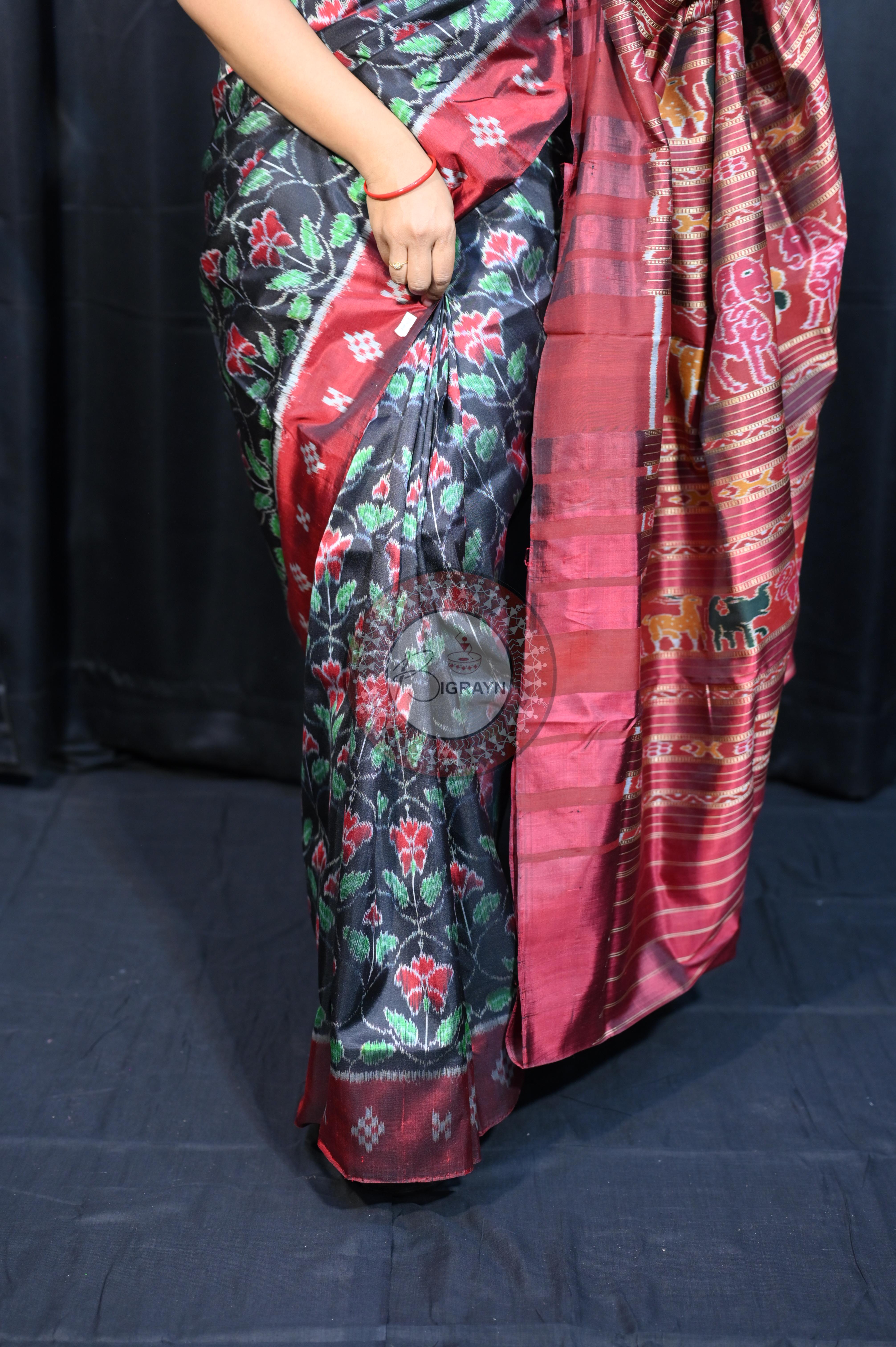 Black Maroon Hibiscus Mulberry Silk Saree
