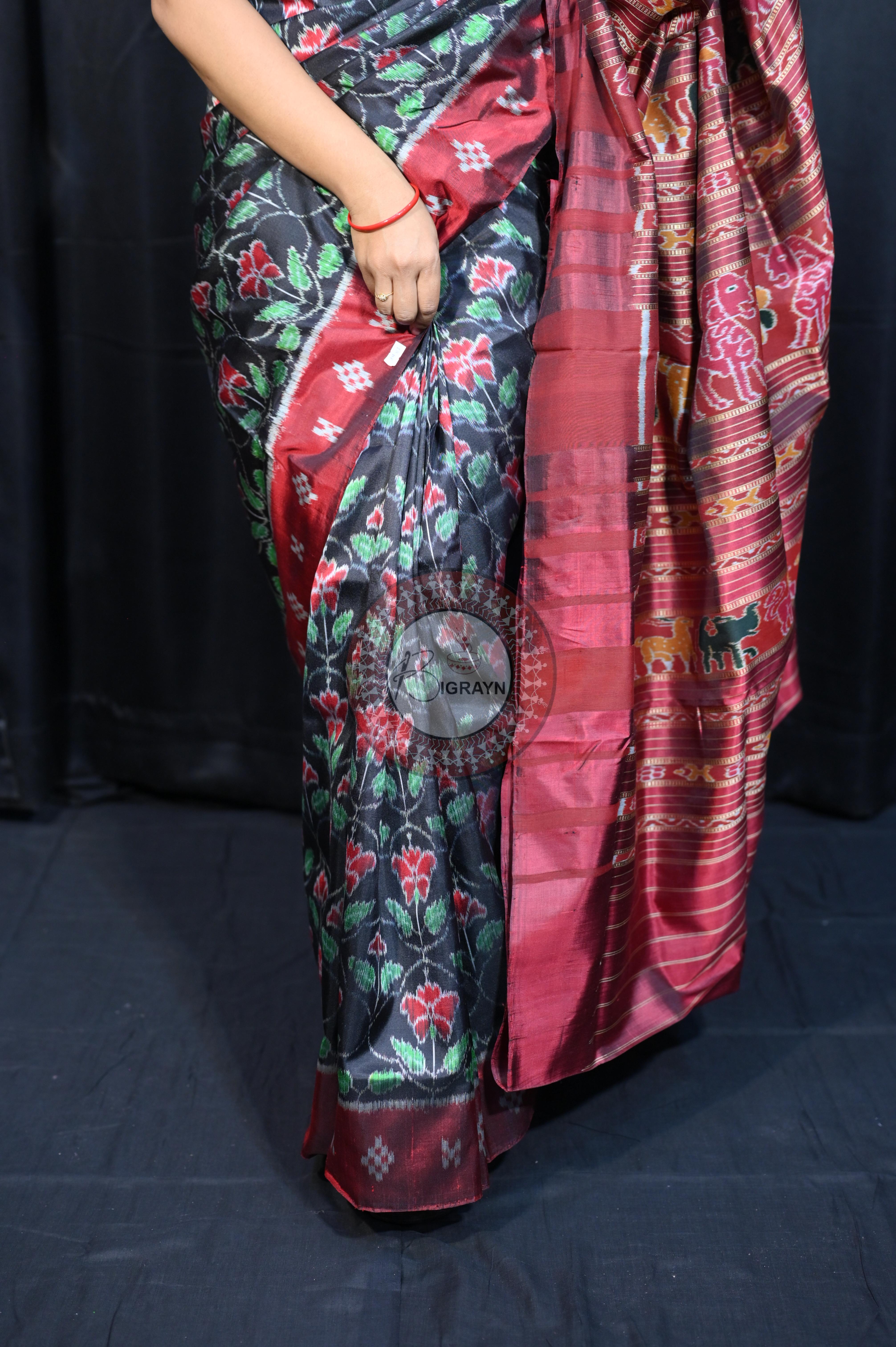 Black Maroon Hibiscus Mulberry Silk Saree