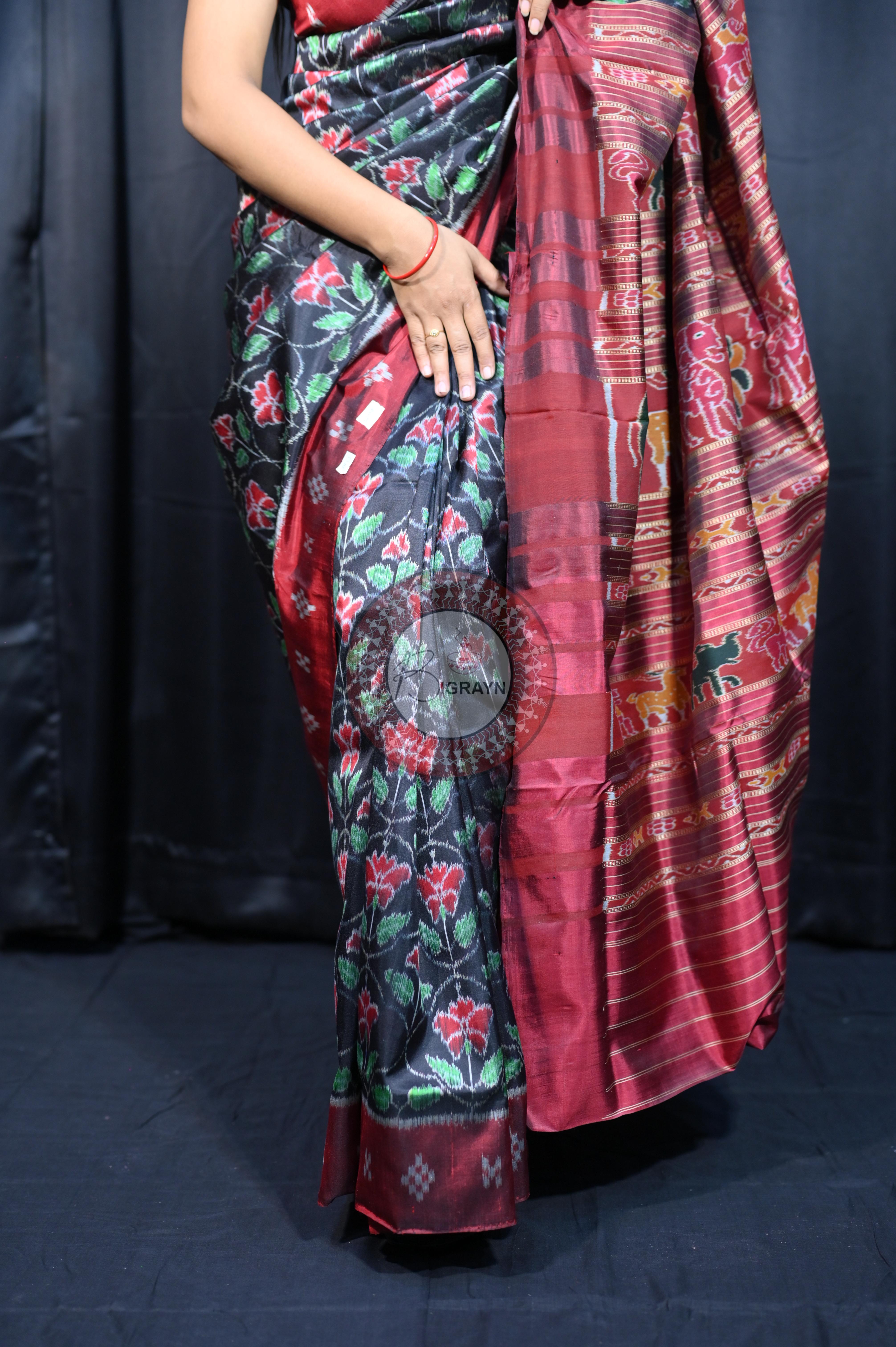 Black Maroon Hibiscus Mulberry Silk Saree