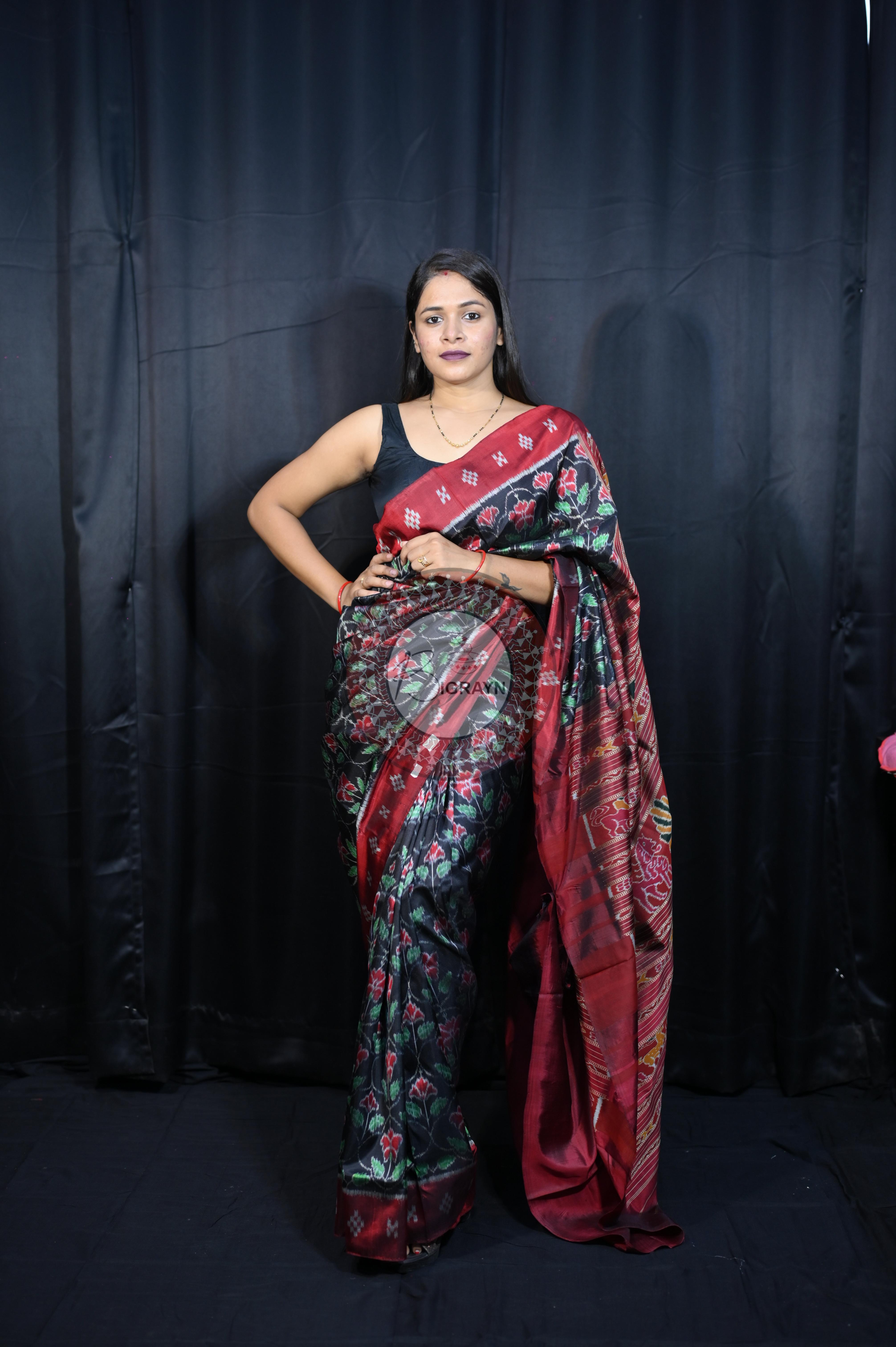 Black Maroon Hibiscus Mulberry Silk Saree