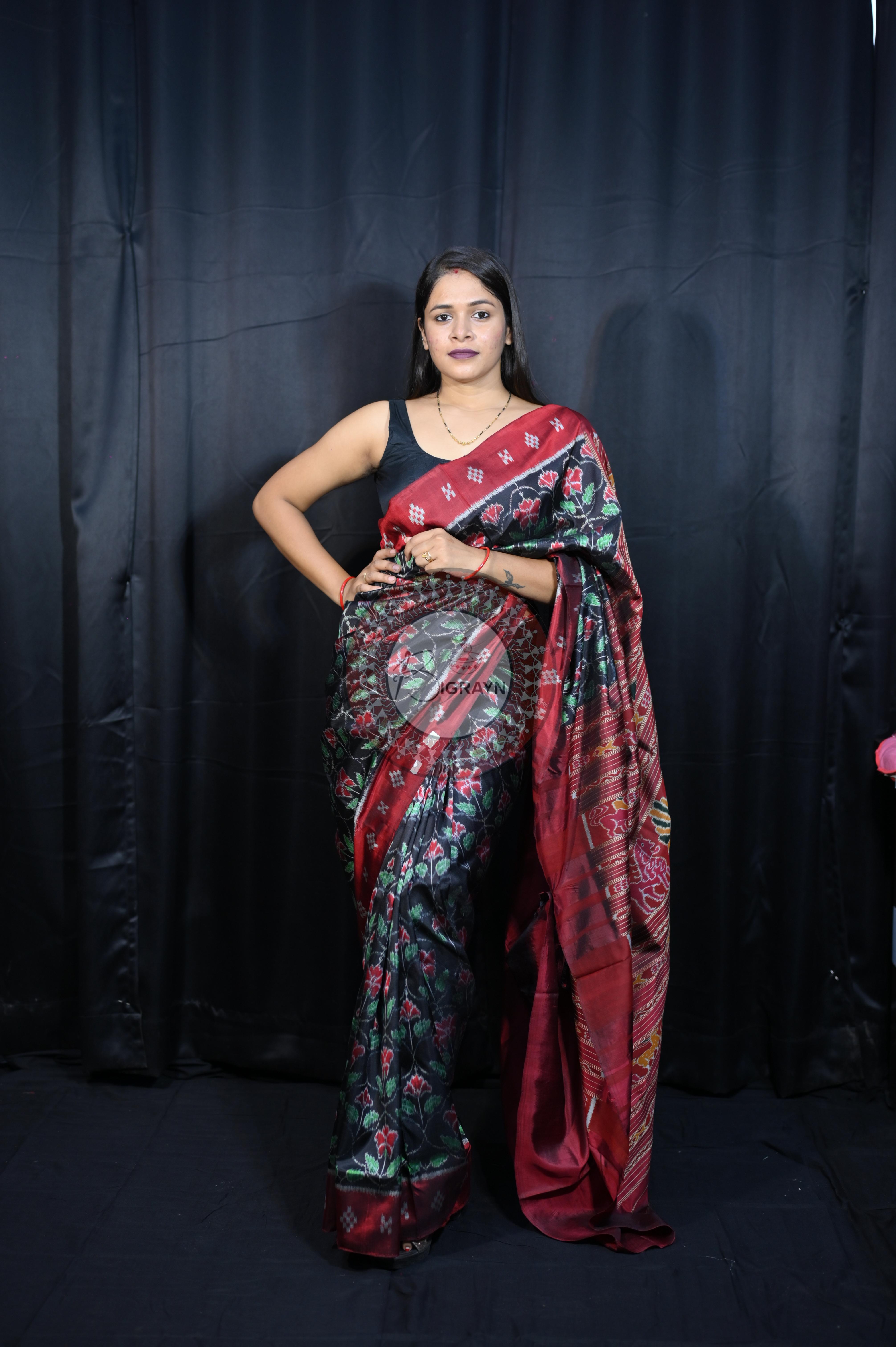 Black Maroon Hibiscus Mulberry Silk Saree