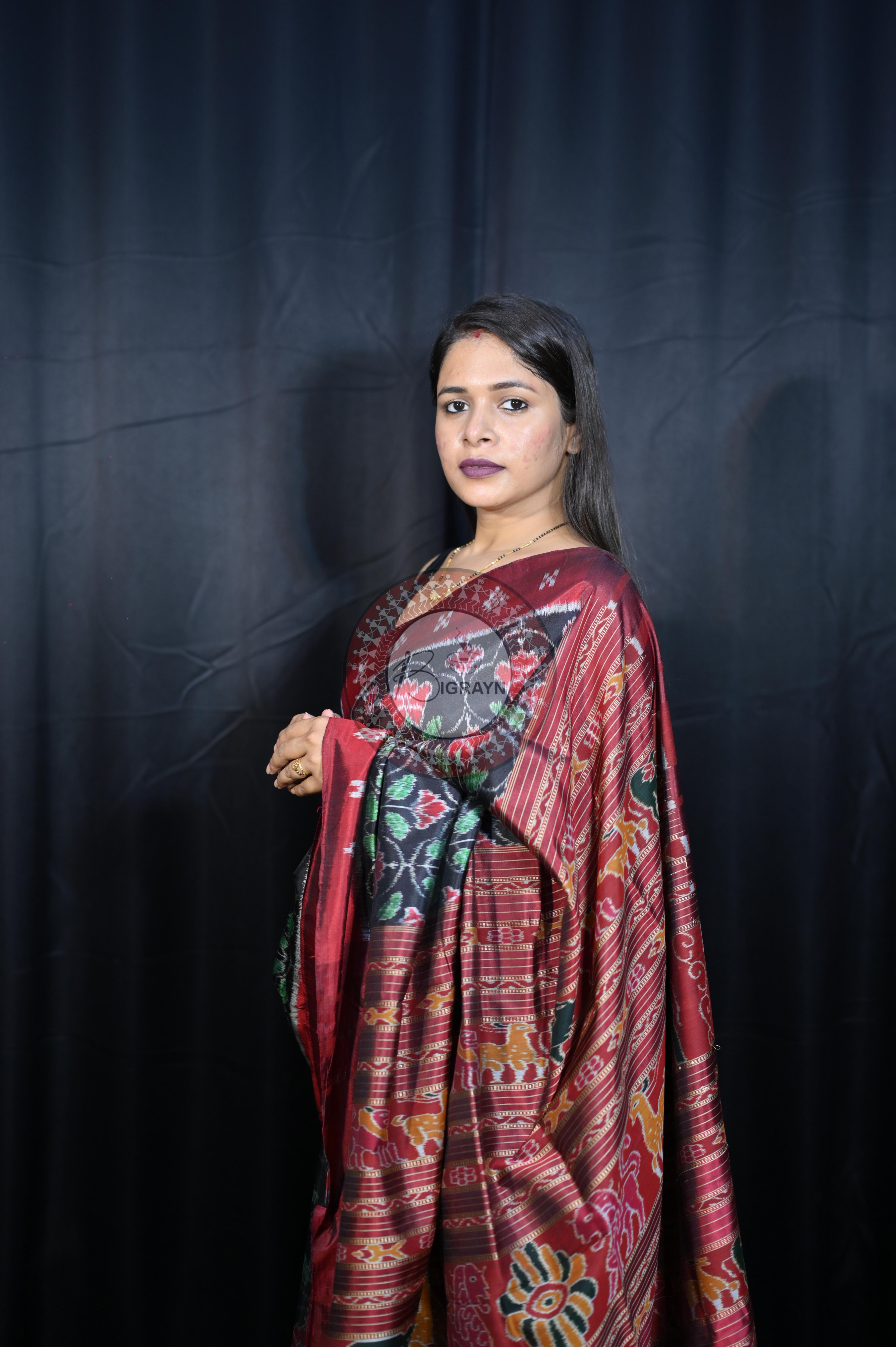 Black Maroon Hibiscus Mulberry Silk Saree