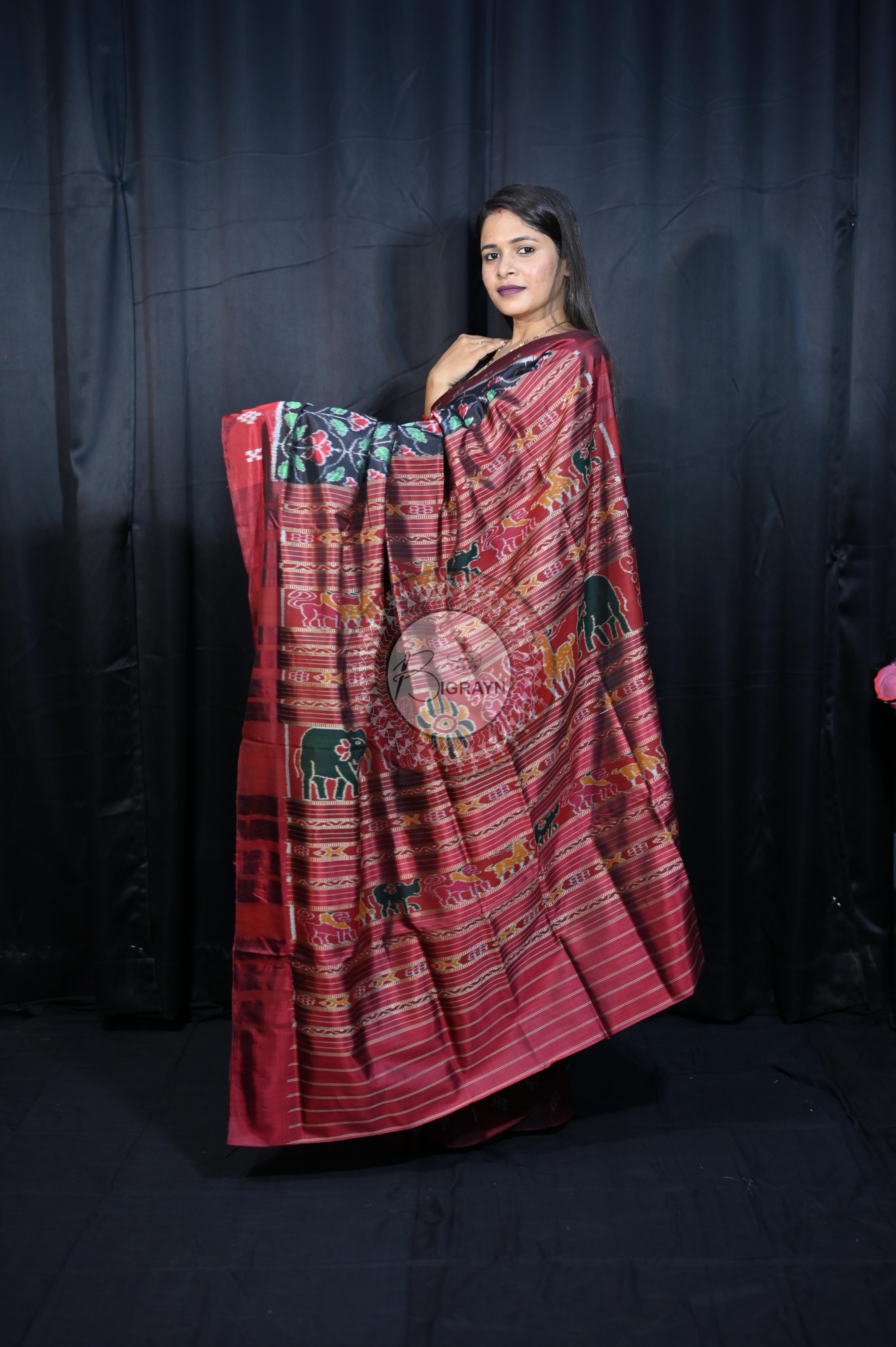 Black Maroon Hibiscus Mulberry Silk Saree