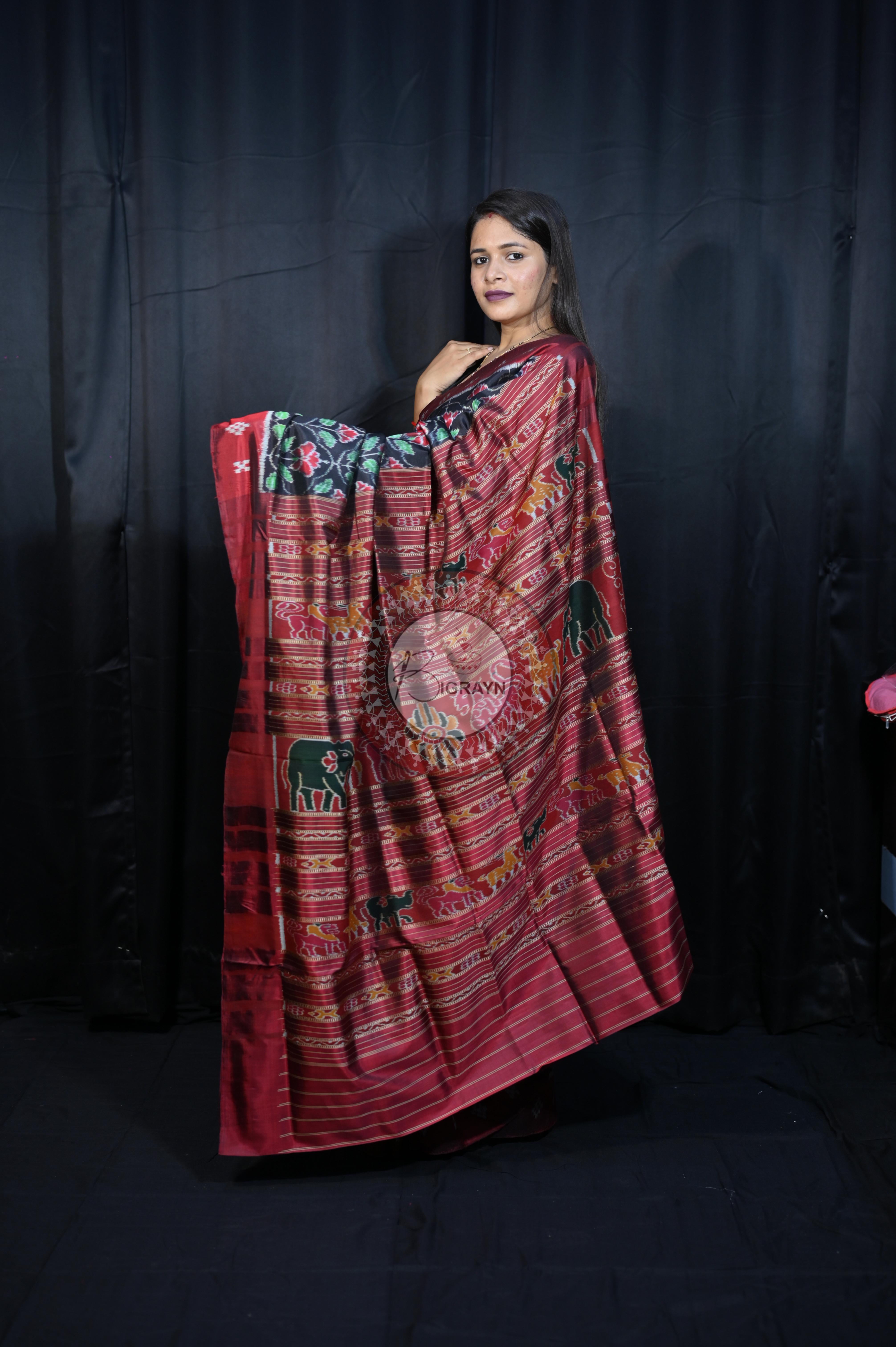 Black Maroon Hibiscus Mulberry Silk Saree