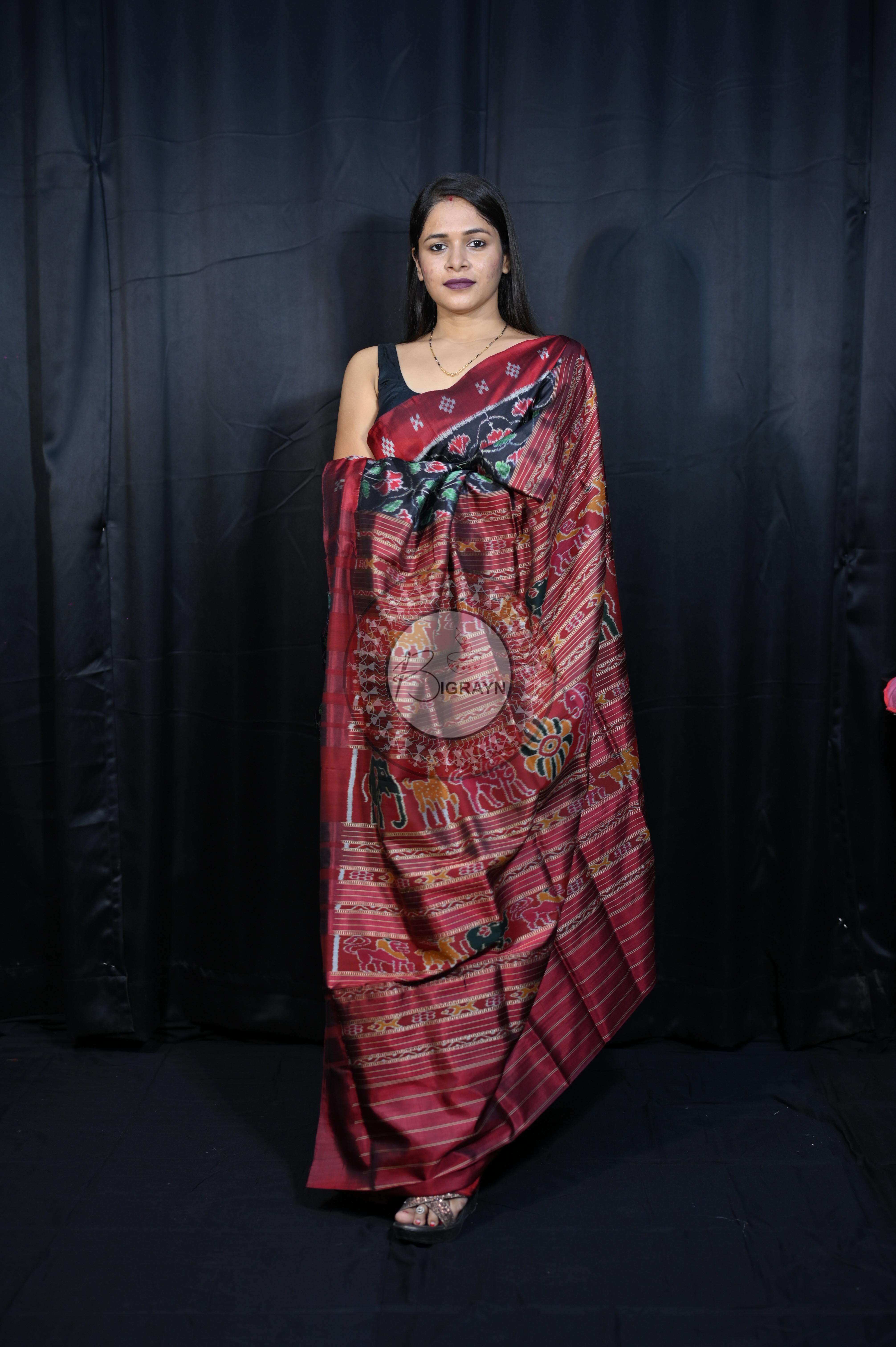 Black Maroon Hibiscus Mulberry Silk Saree