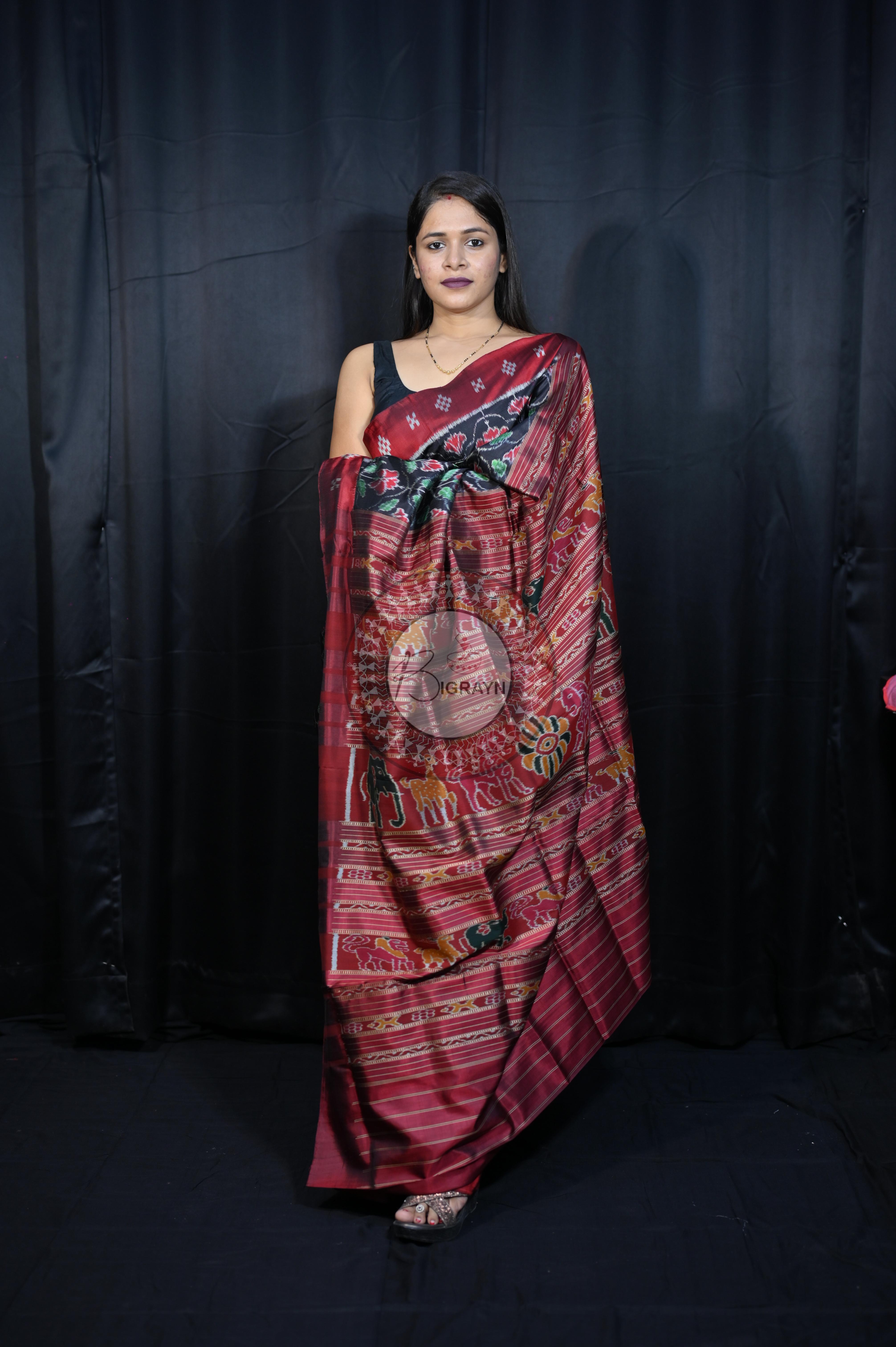 Black Maroon Hibiscus Mulberry Silk Saree
