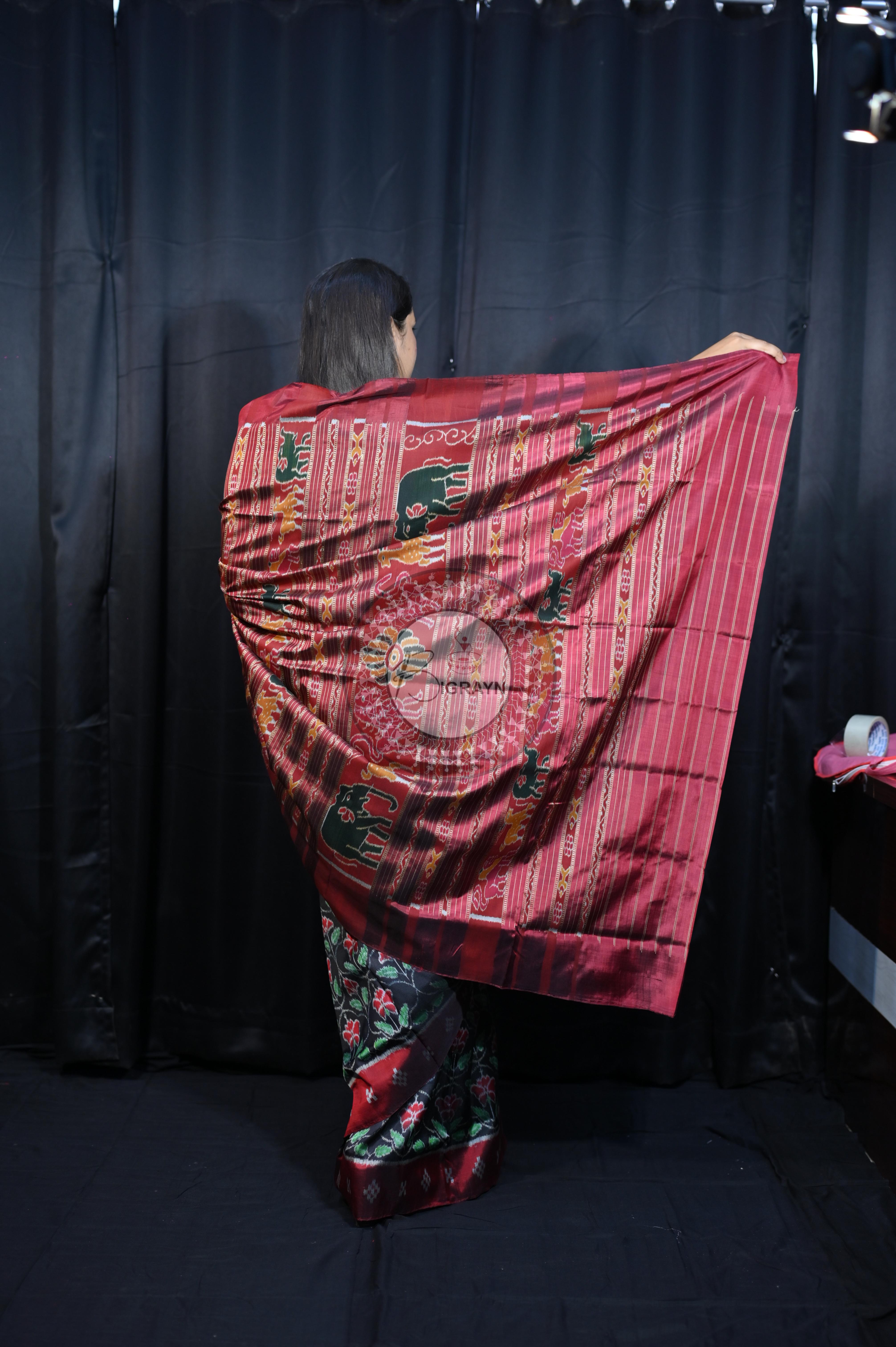 Black Maroon Hibiscus Mulberry Silk Saree