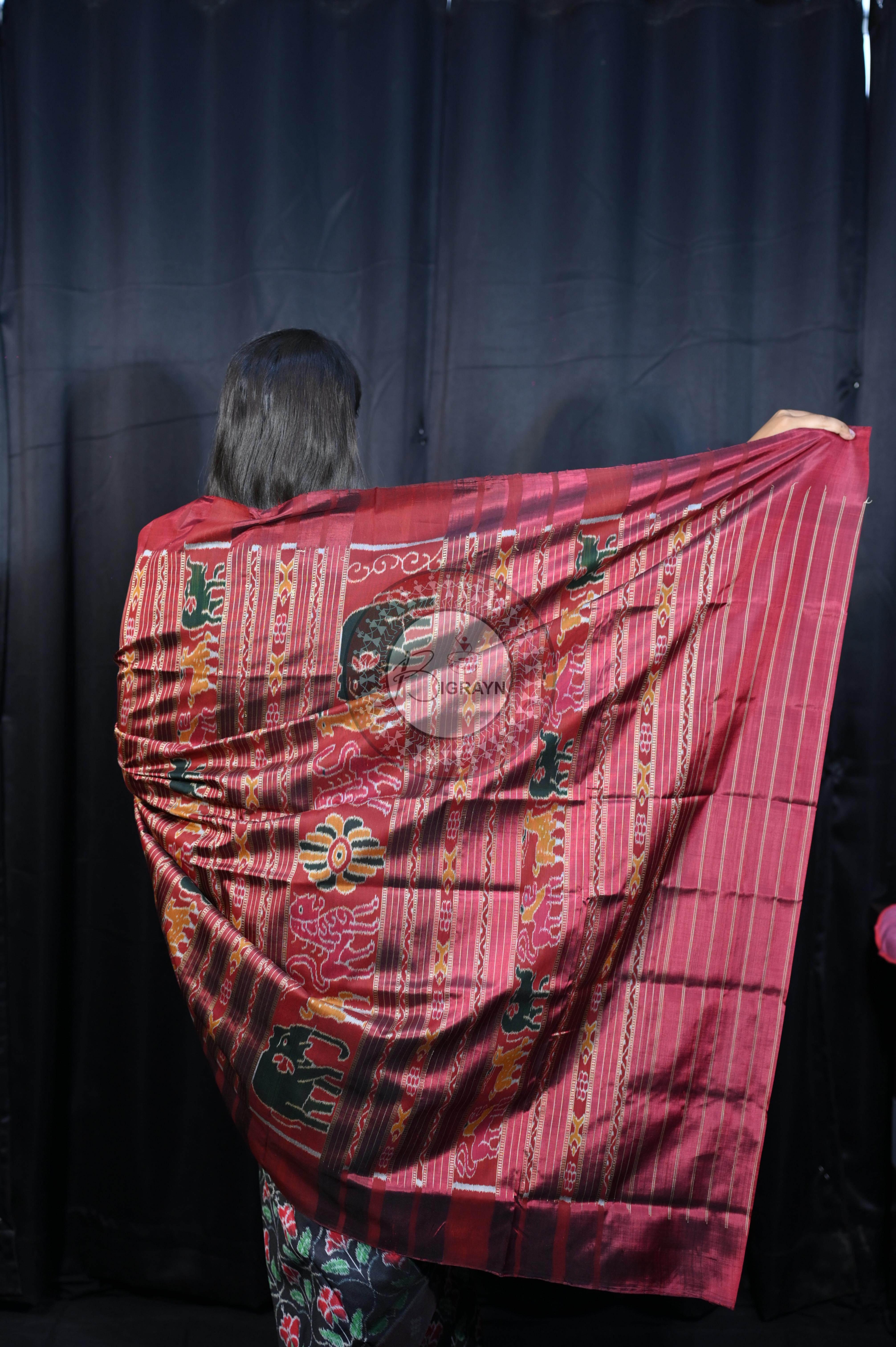 Black Maroon Hibiscus Mulberry Silk Saree