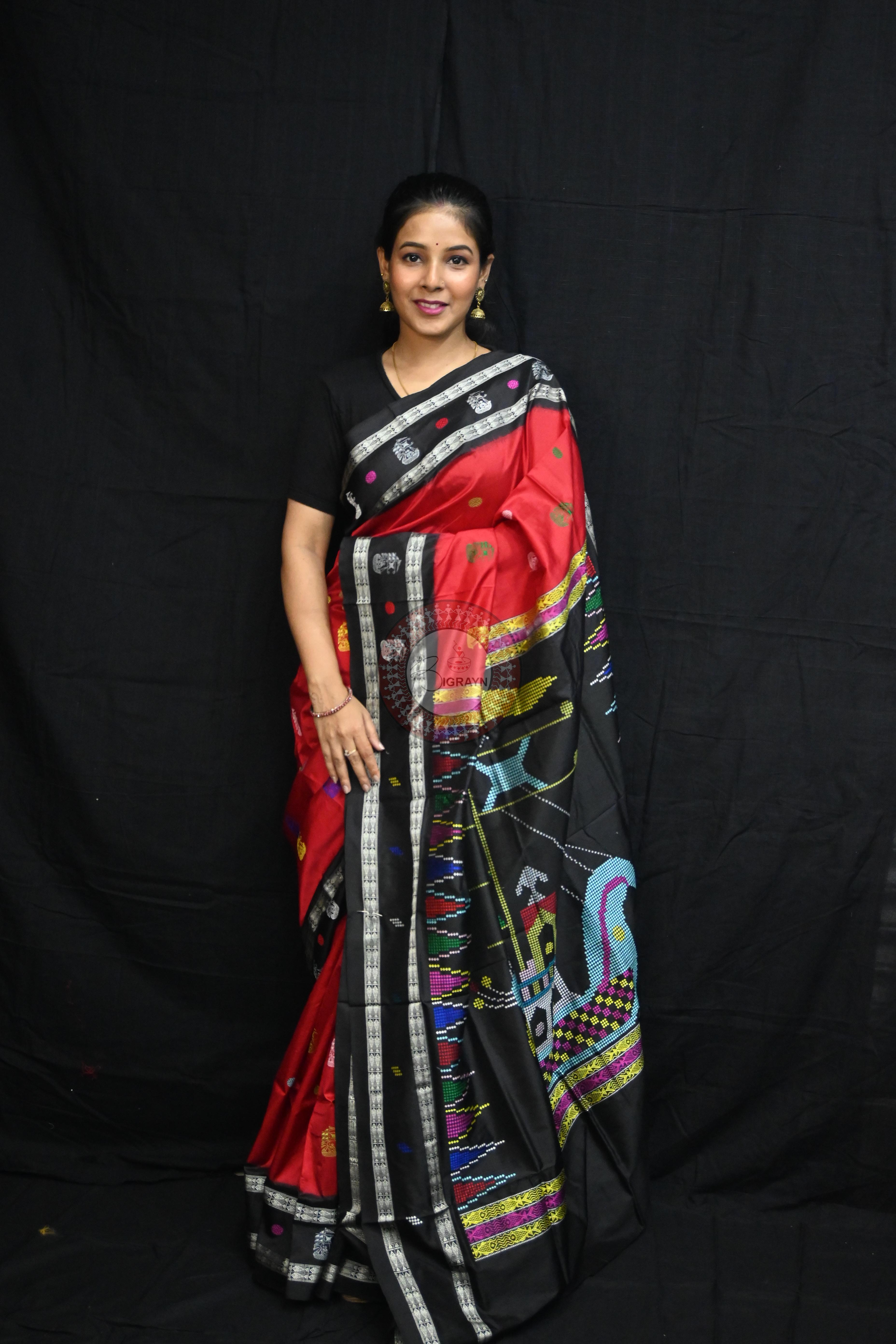Red Black Boita Bomkai Silk Saree