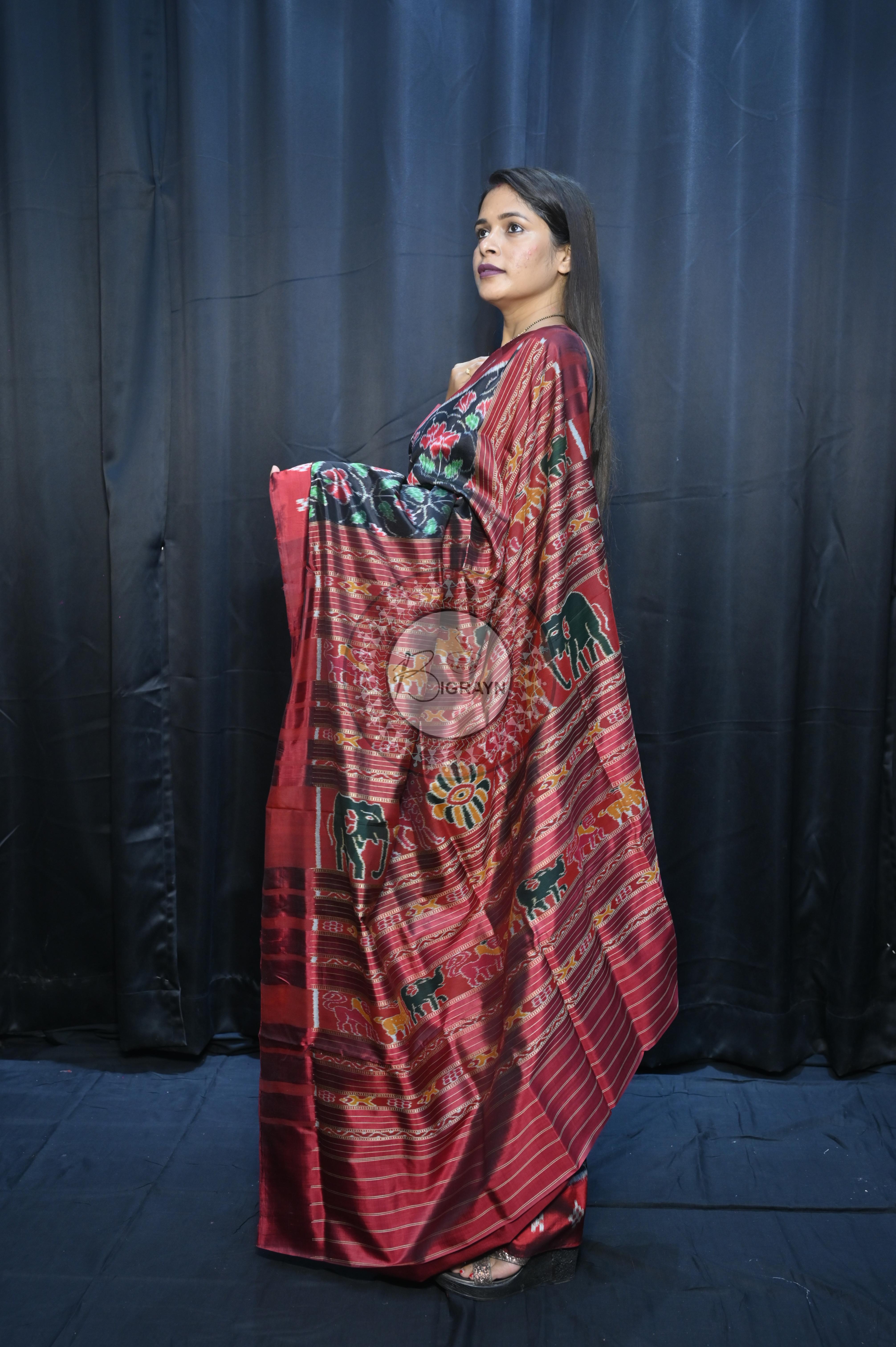 Black Maroon Hibiscus Mulberry Silk Saree