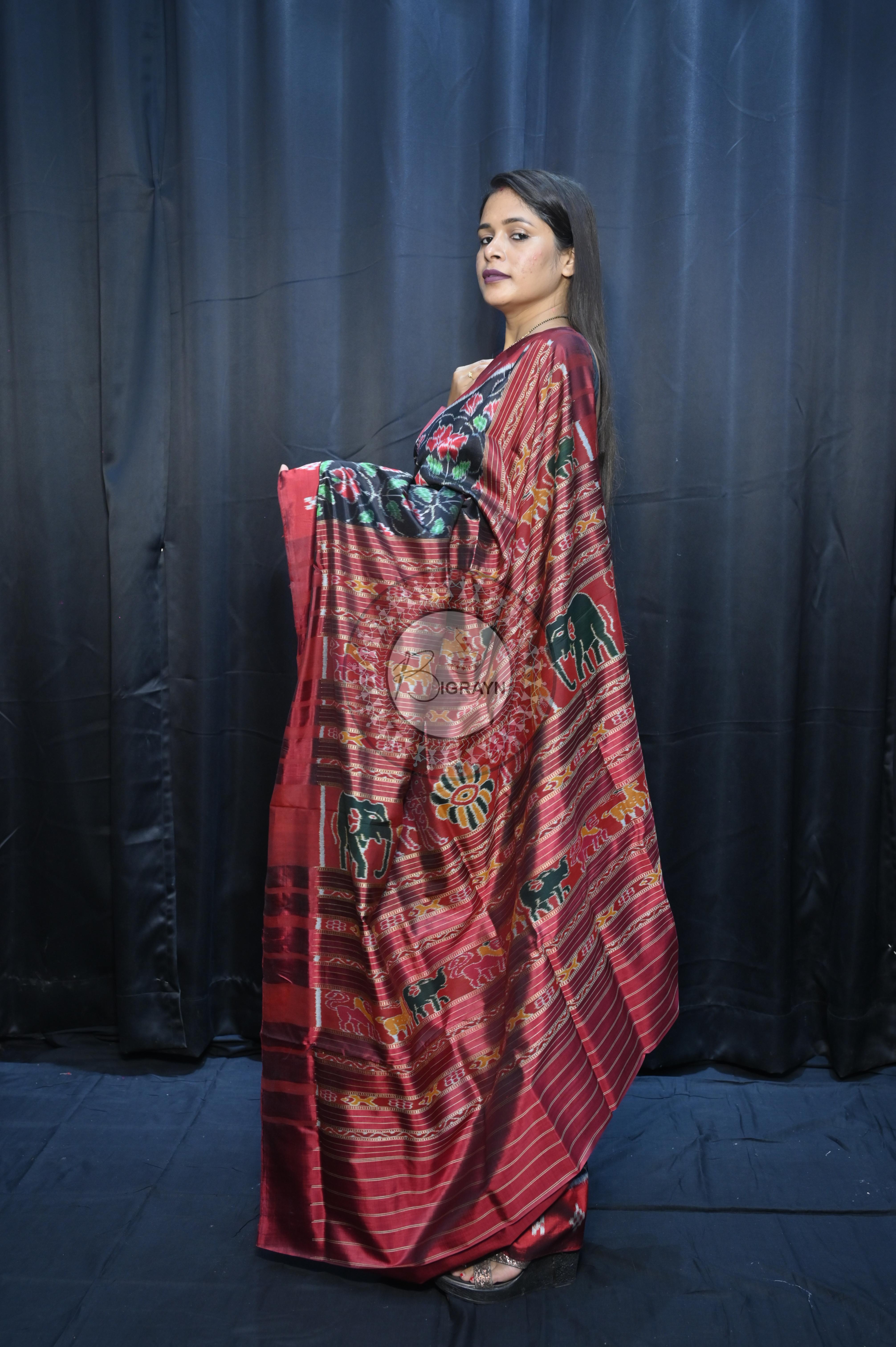 Black Maroon Hibiscus Mulberry Silk Saree