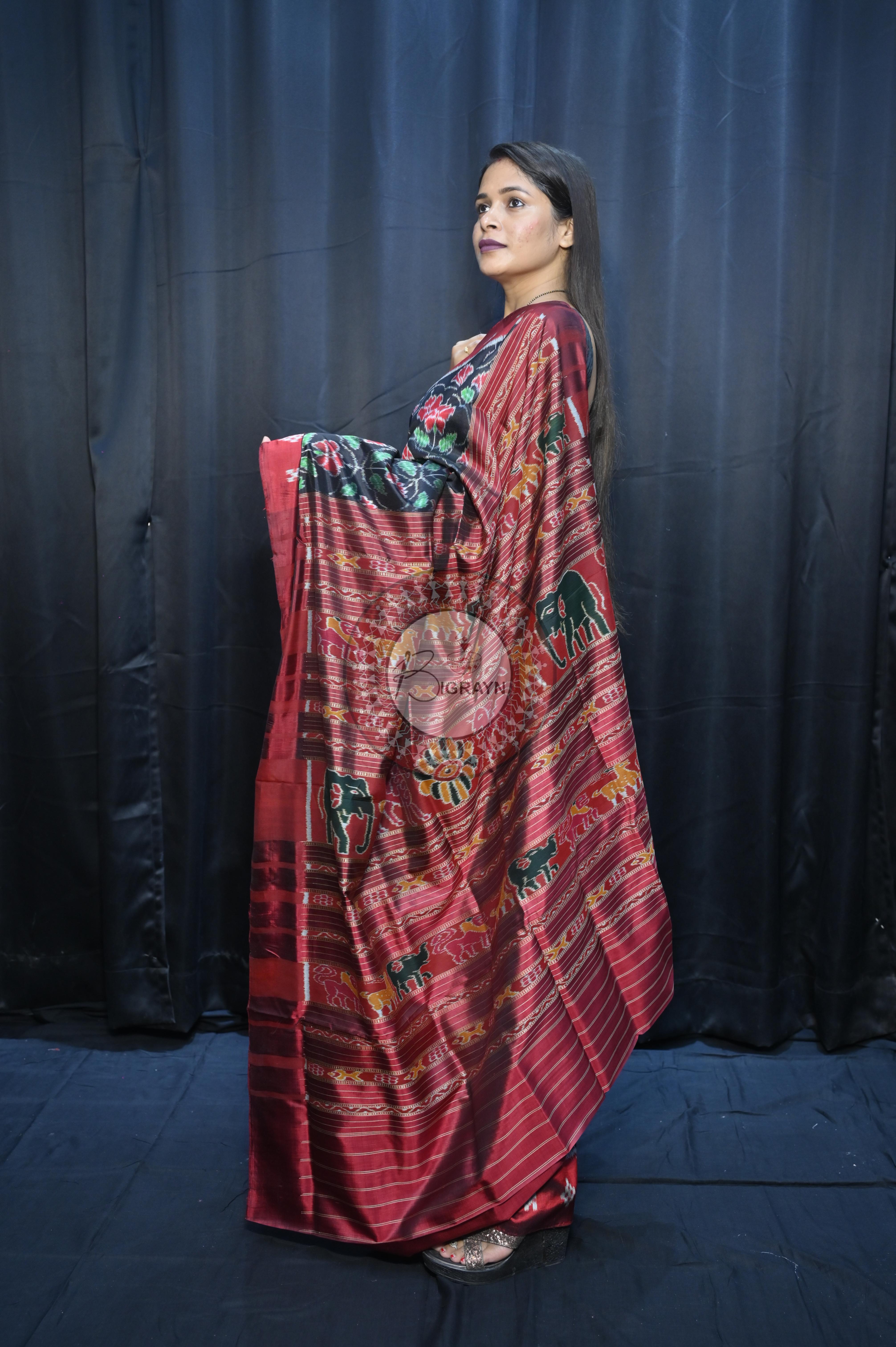 Black Maroon Hibiscus Mulberry Silk Saree
