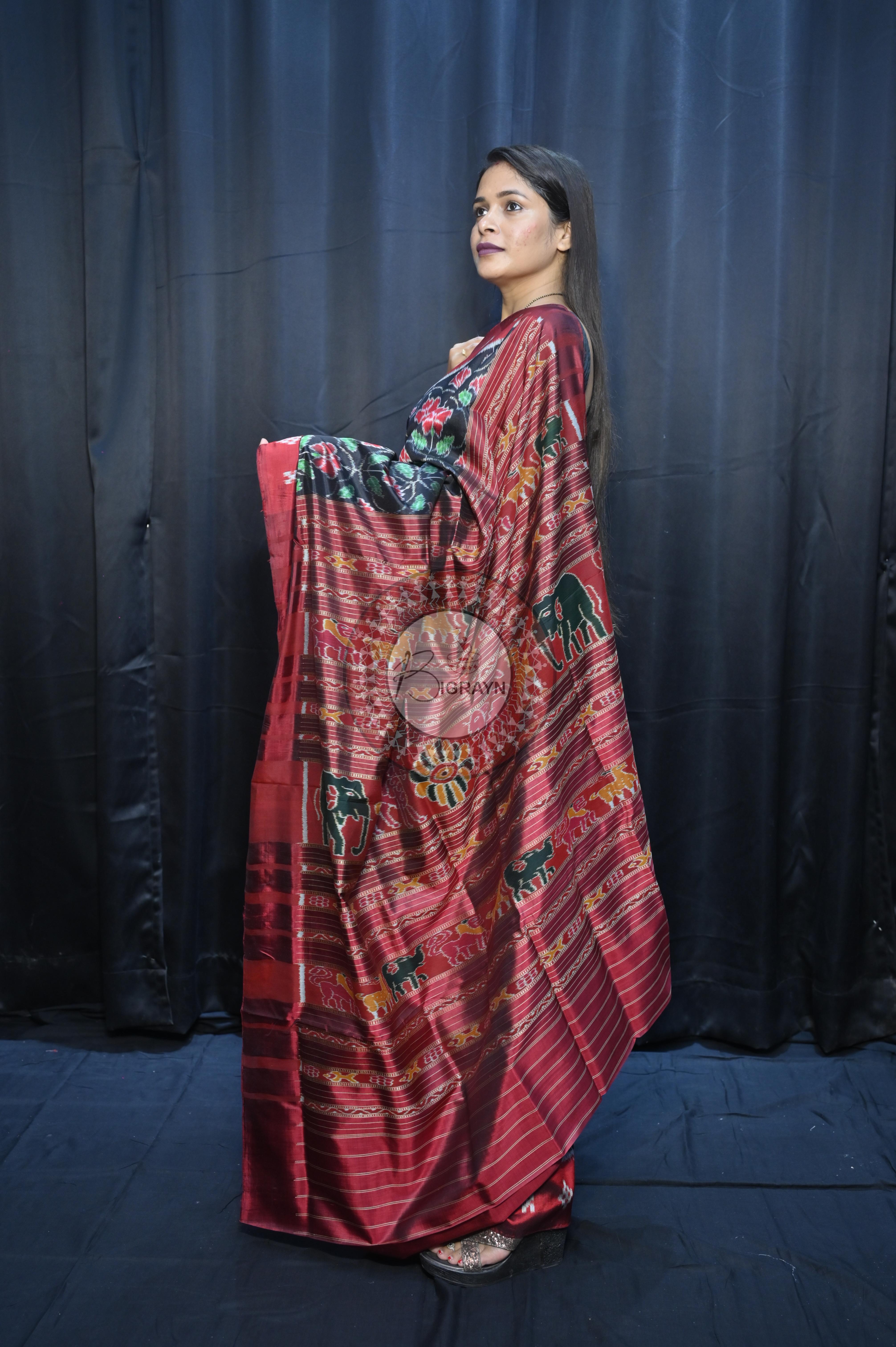 Black Maroon Hibiscus Mulberry Silk Saree