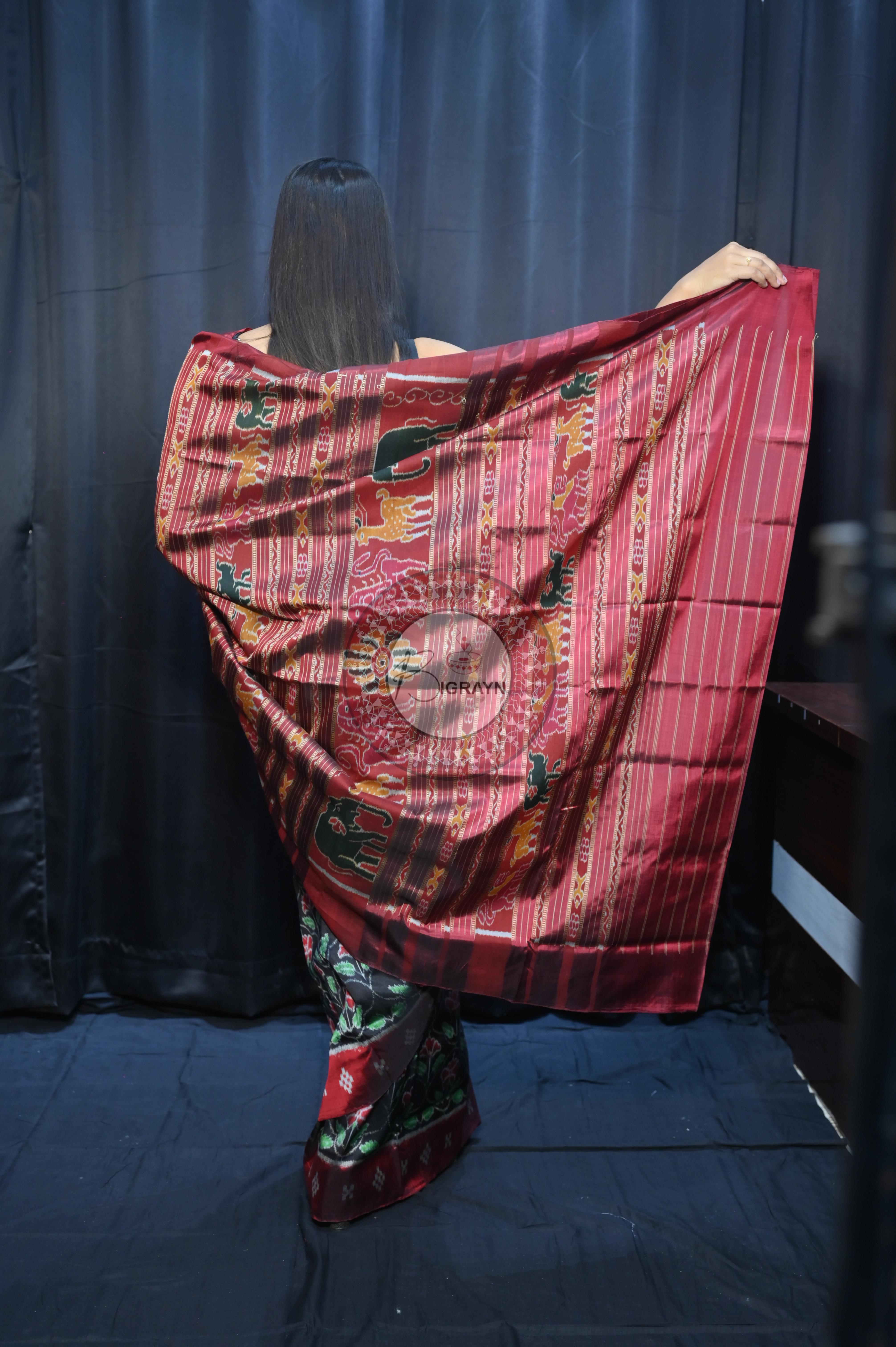 Black Maroon Hibiscus Mulberry Silk Saree