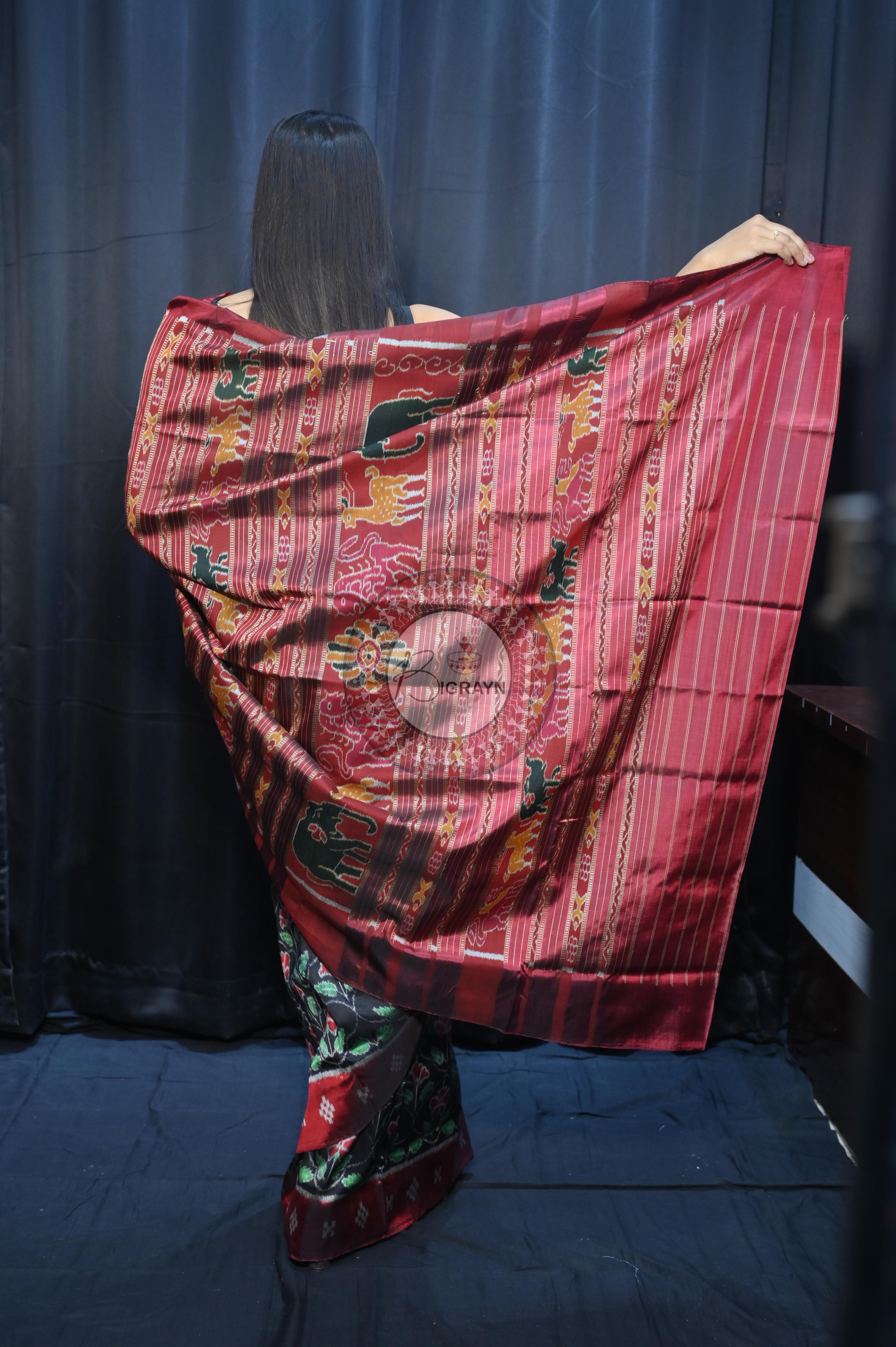Black Maroon Hibiscus Mulberry Silk Saree