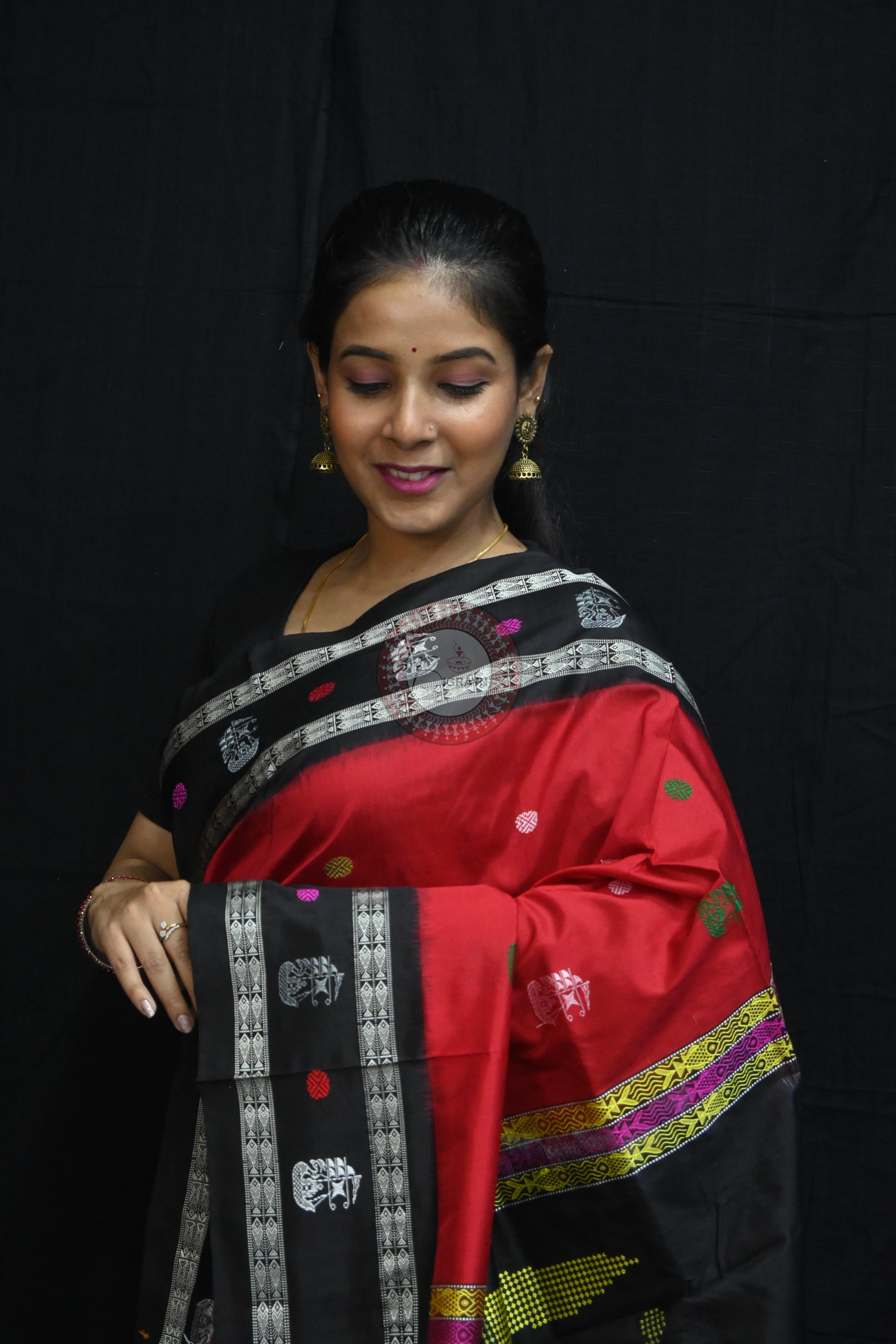 Red Black Boita Bomkai Silk Saree