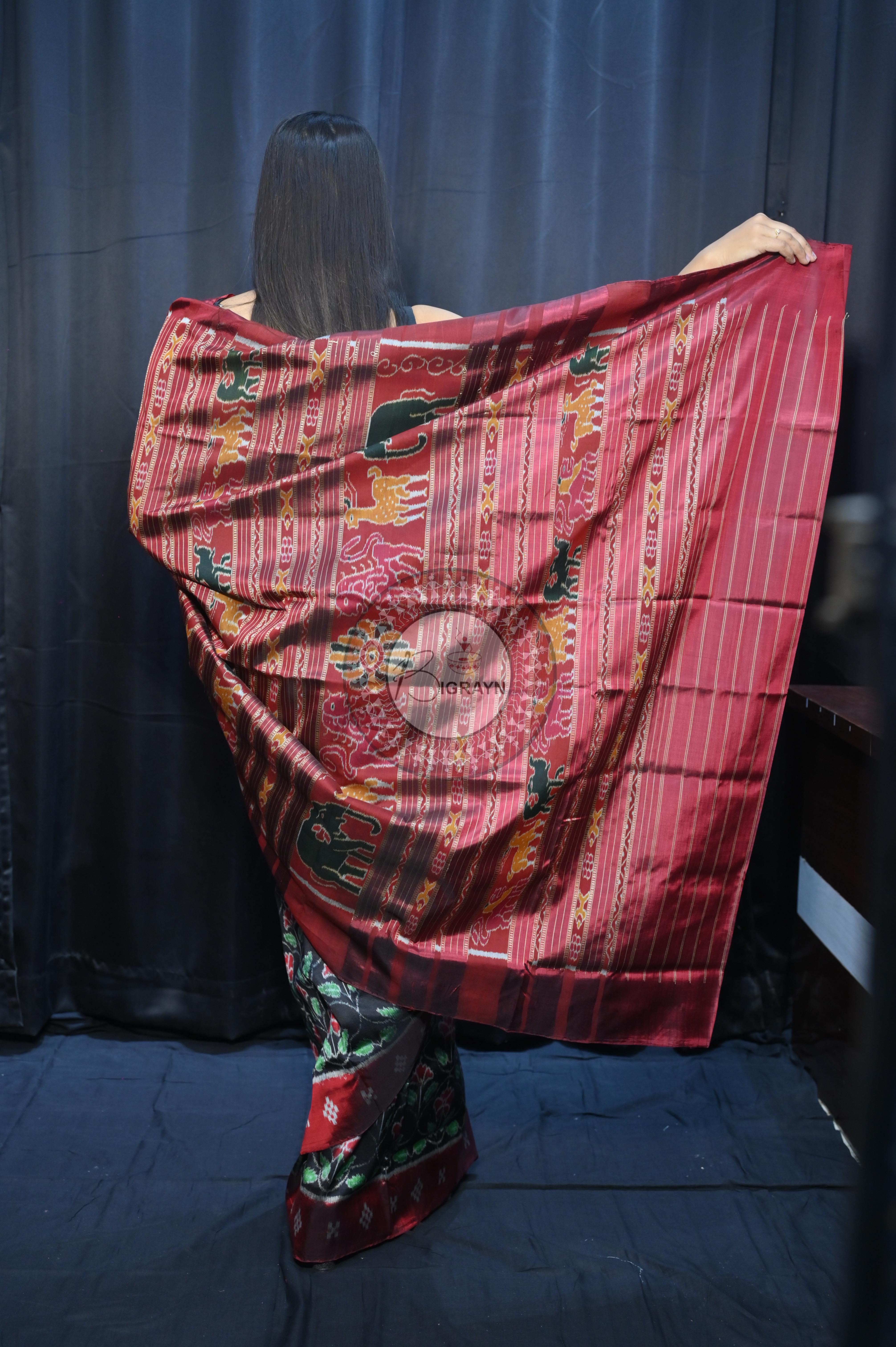 Black Maroon Hibiscus Mulberry Silk Saree