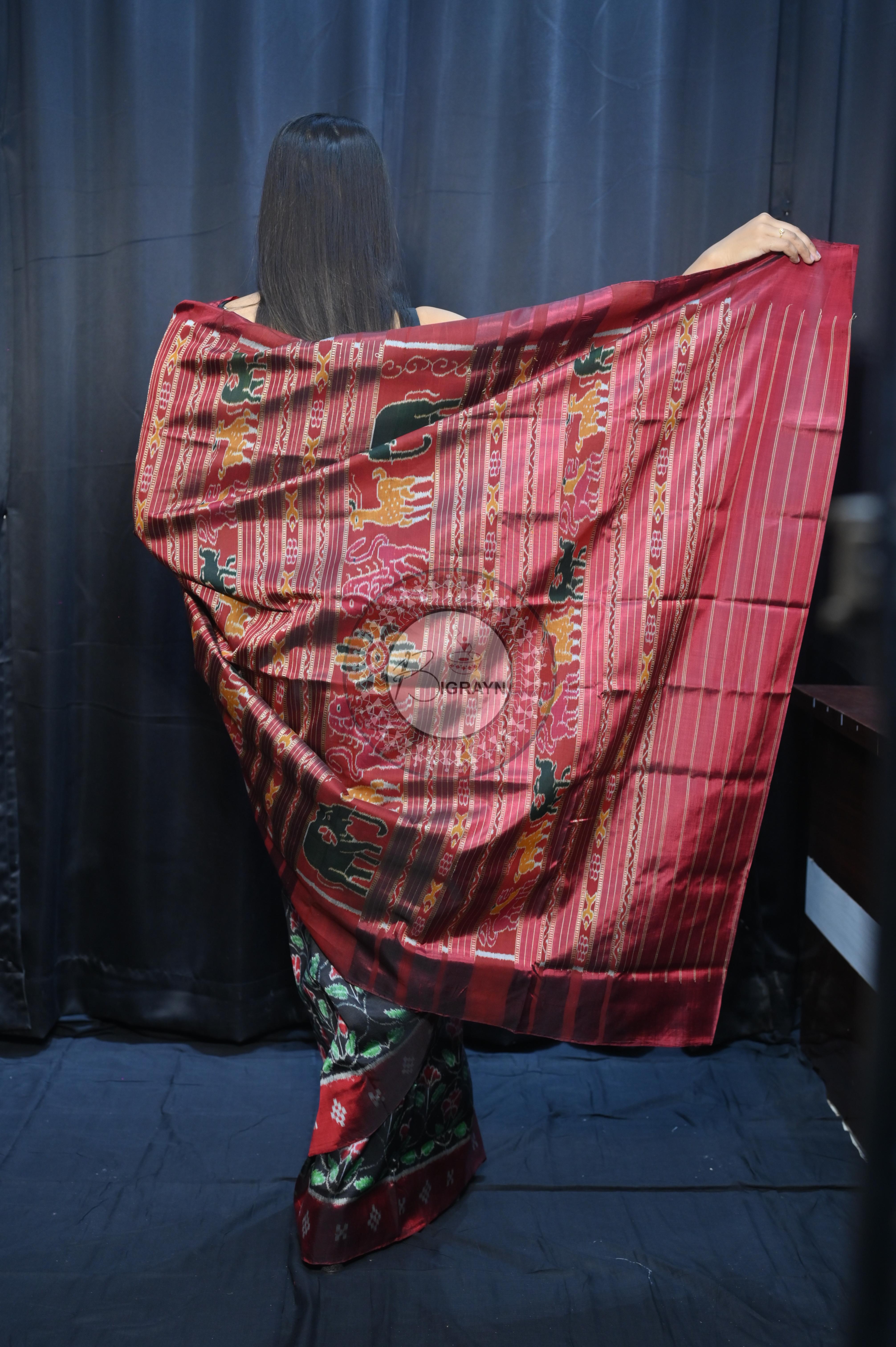 Black Maroon Hibiscus Mulberry Silk Saree