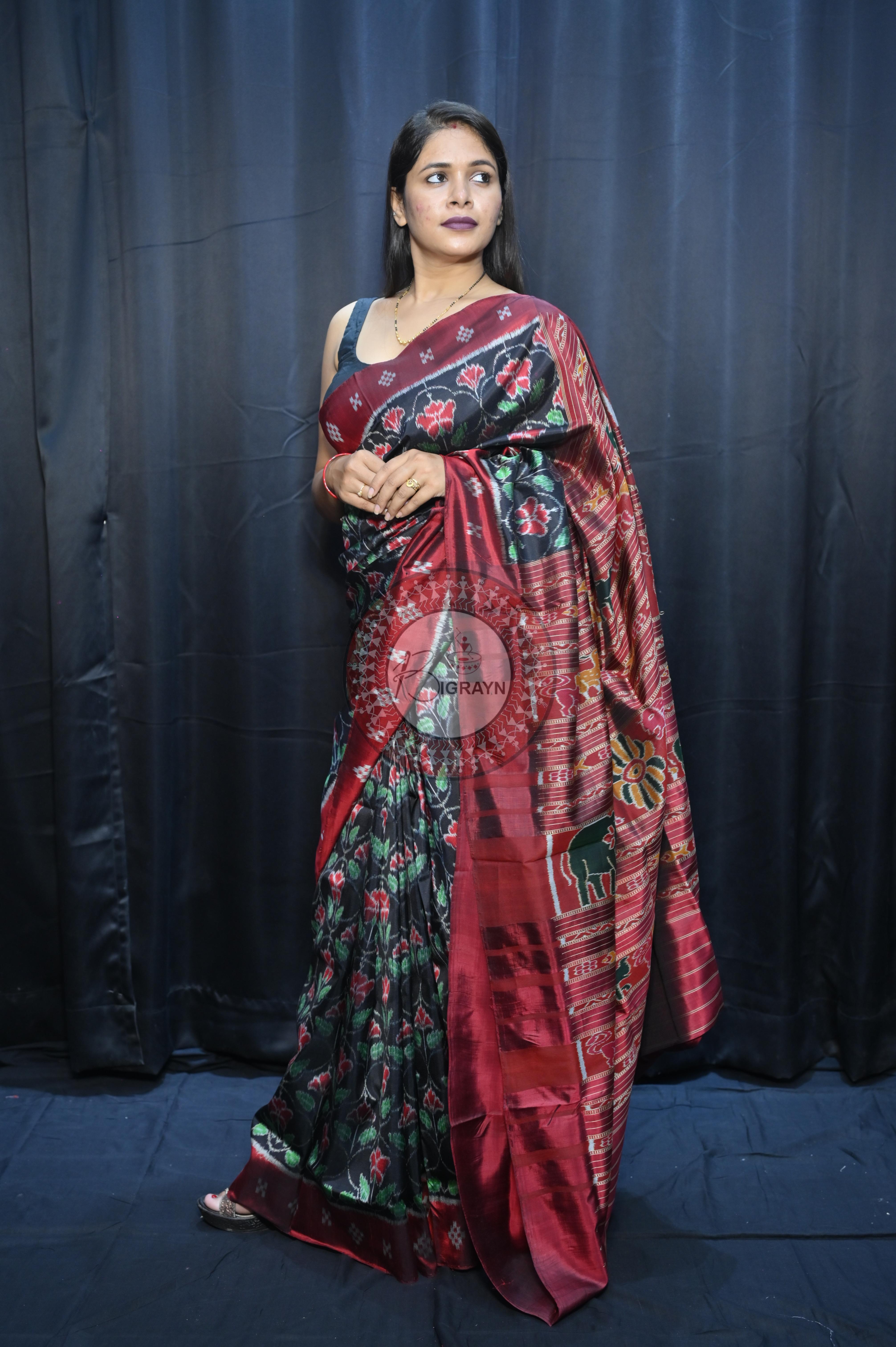 Black Maroon Hibiscus Mulberry Silk Saree