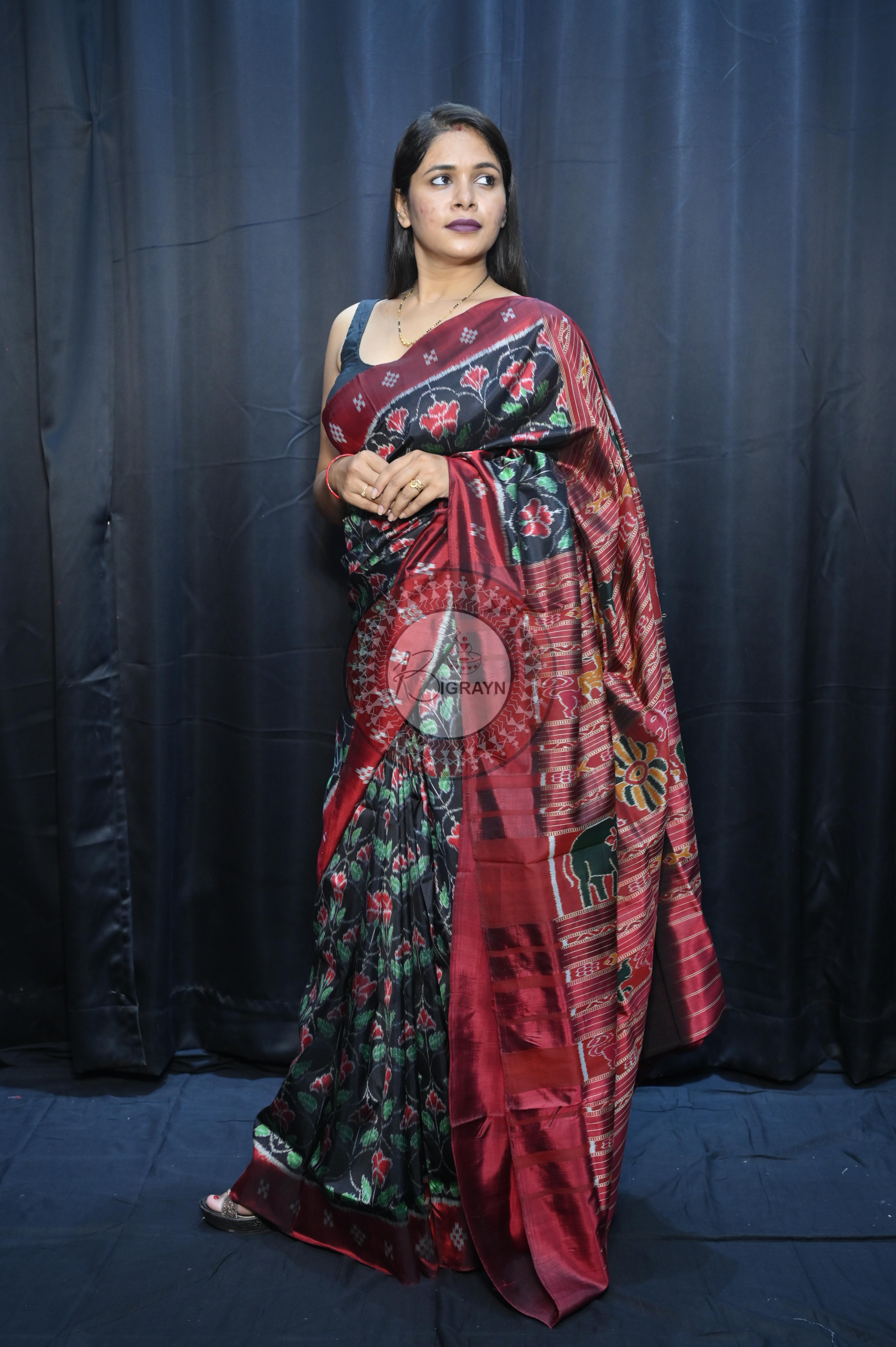 Black Maroon Hibiscus Mulberry Silk Saree