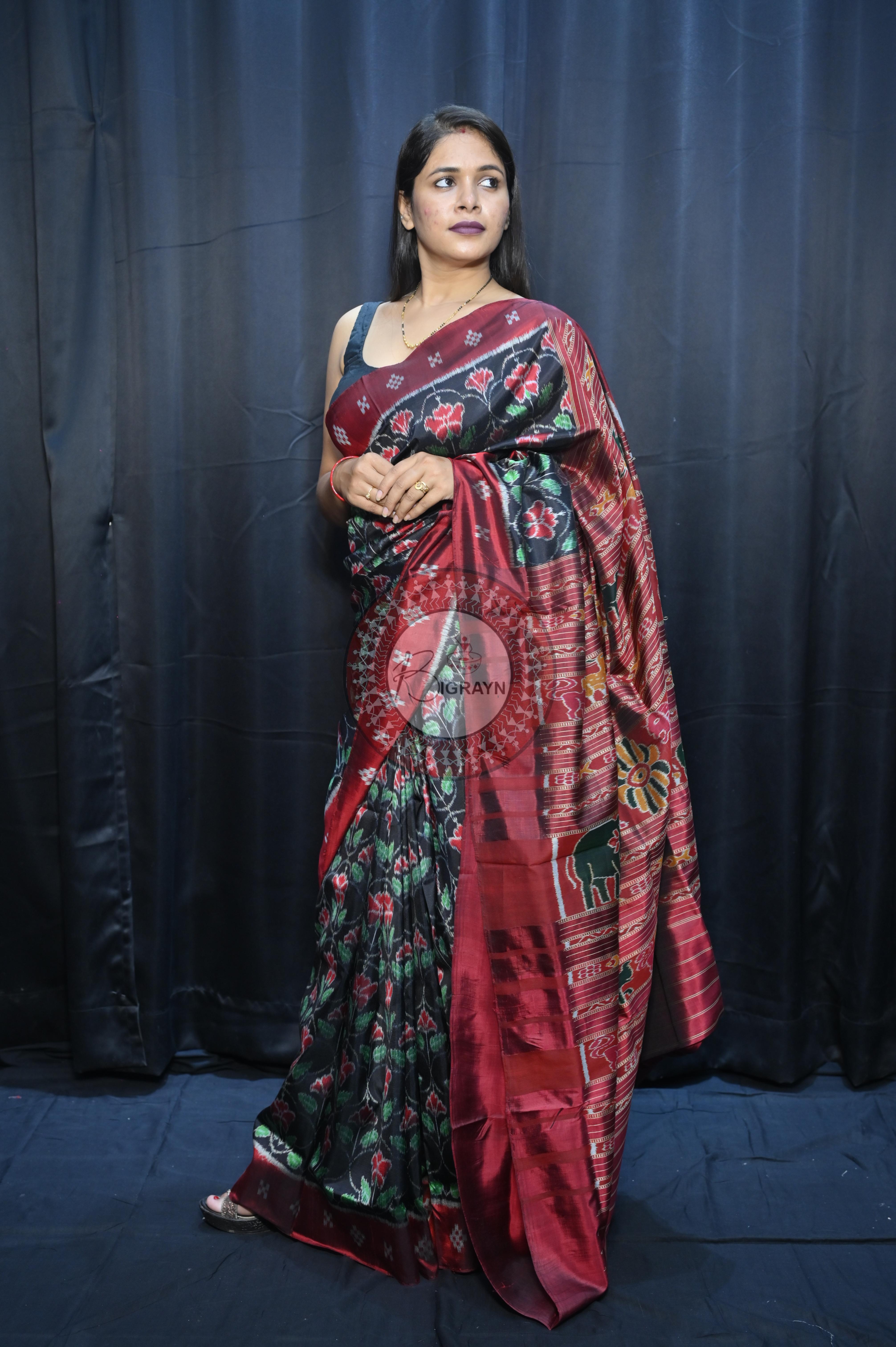 Black Maroon Hibiscus Mulberry Silk Saree