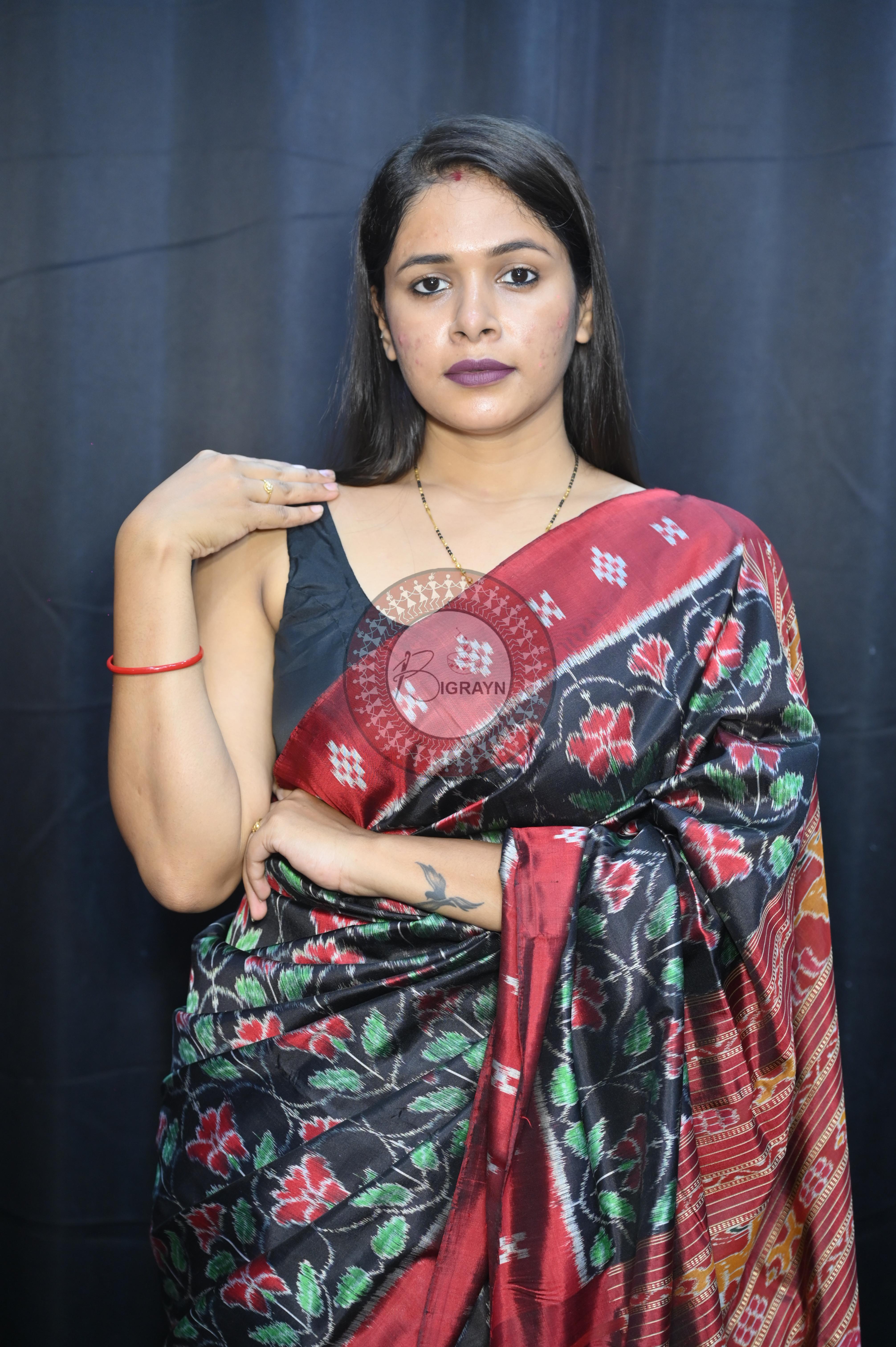 Black Maroon Hibiscus Mulberry Silk Saree
