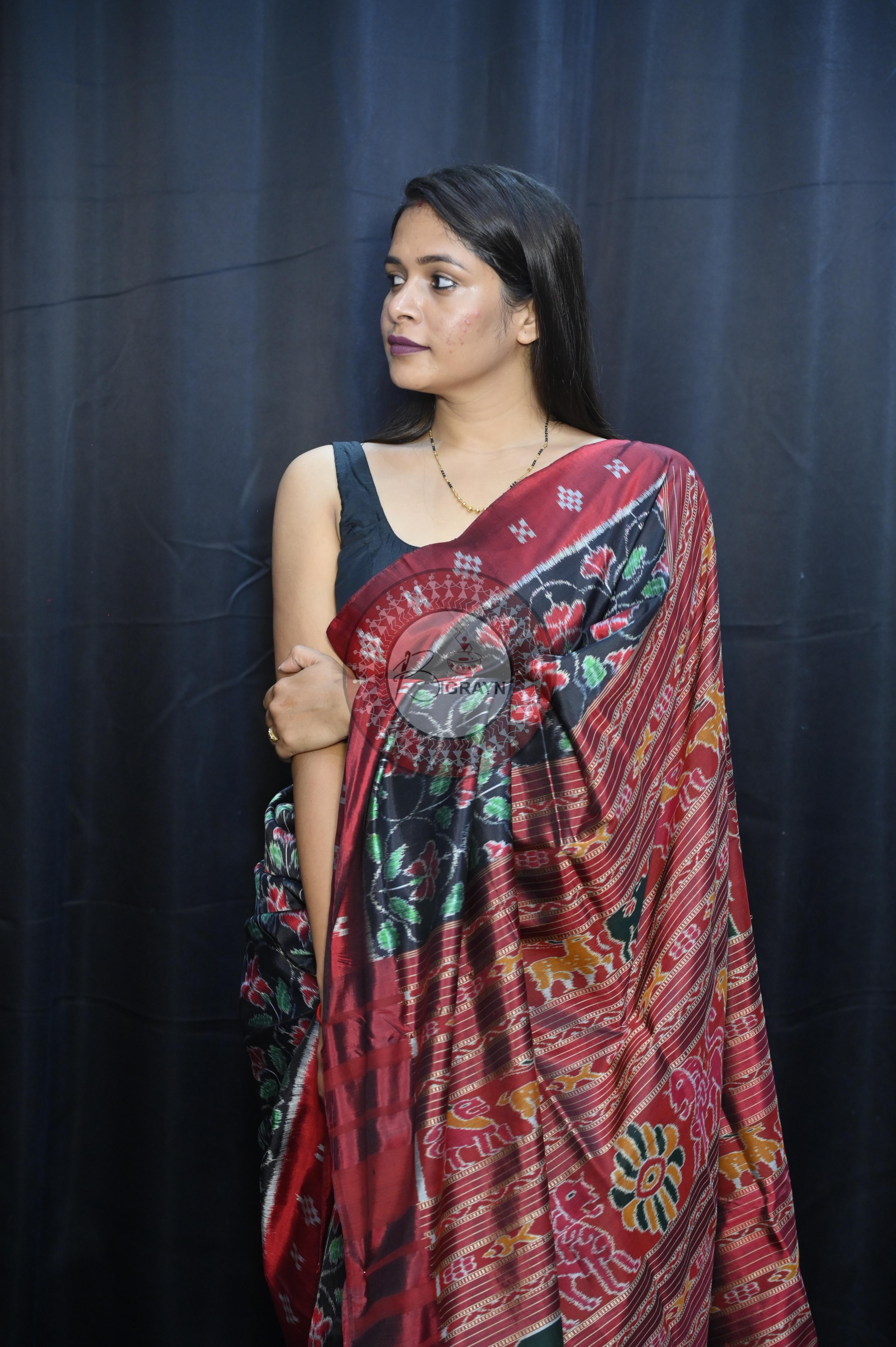 Black Maroon Hibiscus Mulberry Silk Saree