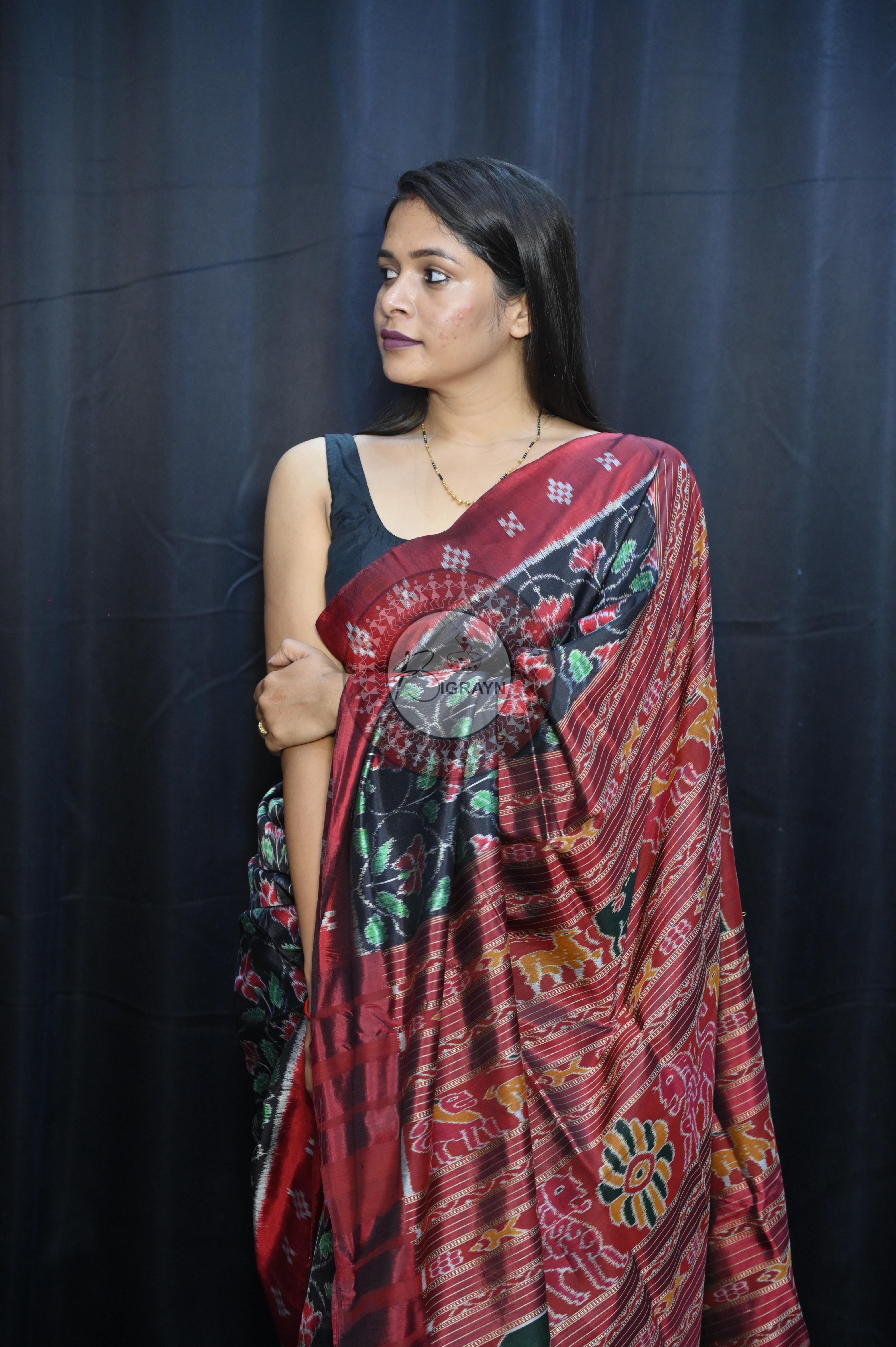 Black Maroon Hibiscus Mulberry Silk Saree