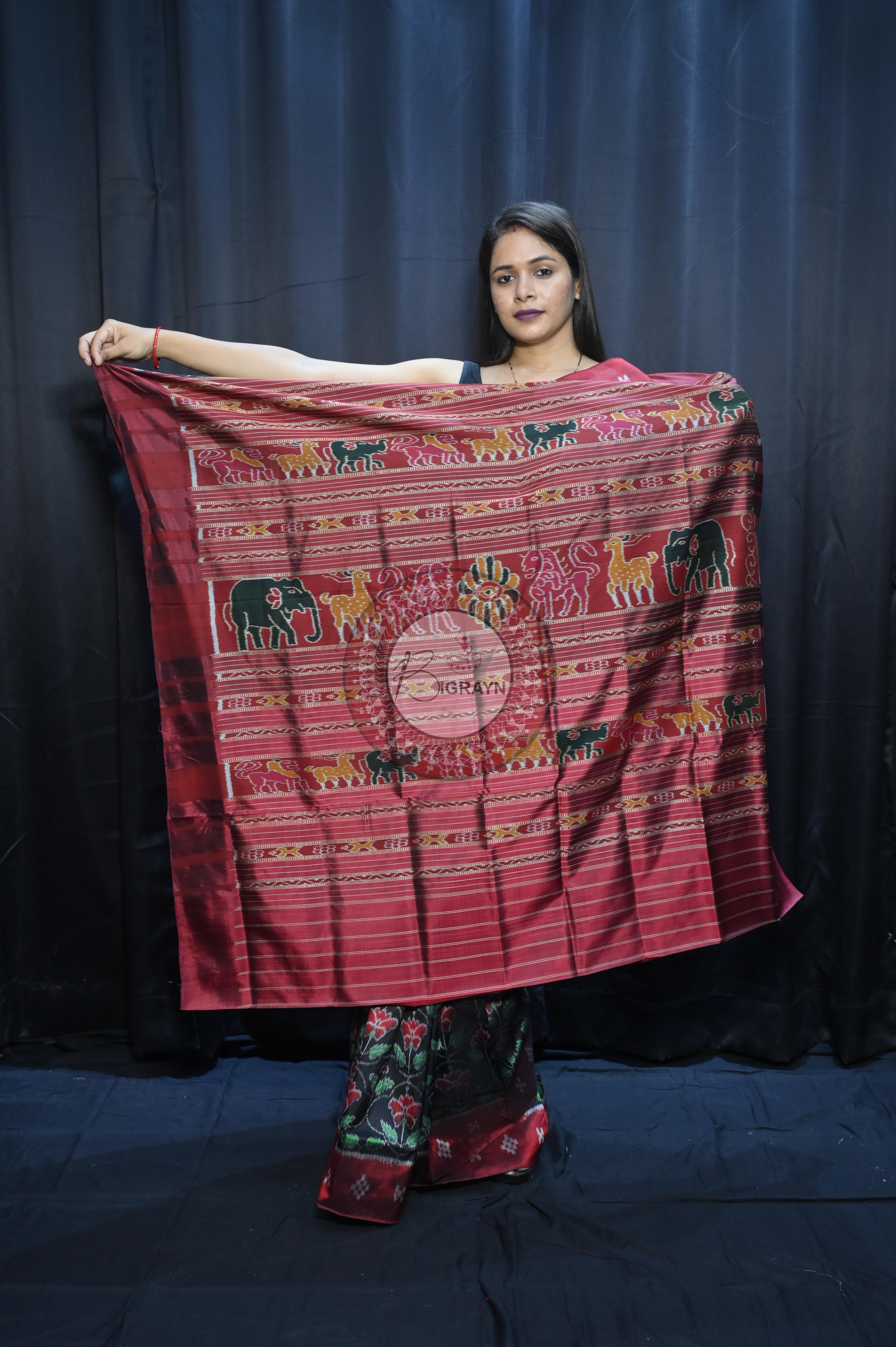 Black Maroon Hibiscus Mulberry Silk Saree