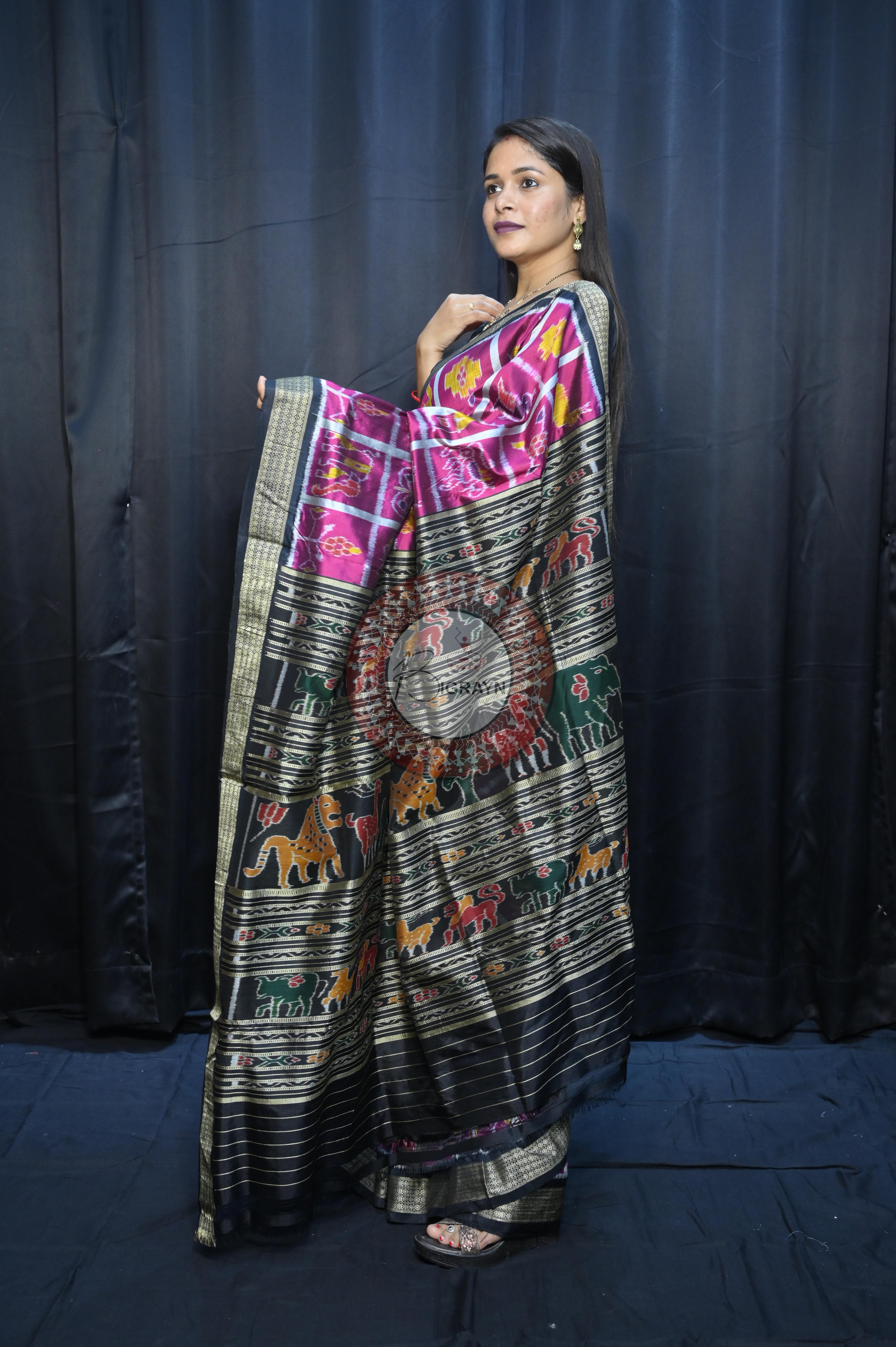 Magenta Black Nabakothi Design Mulberry Silk Saree