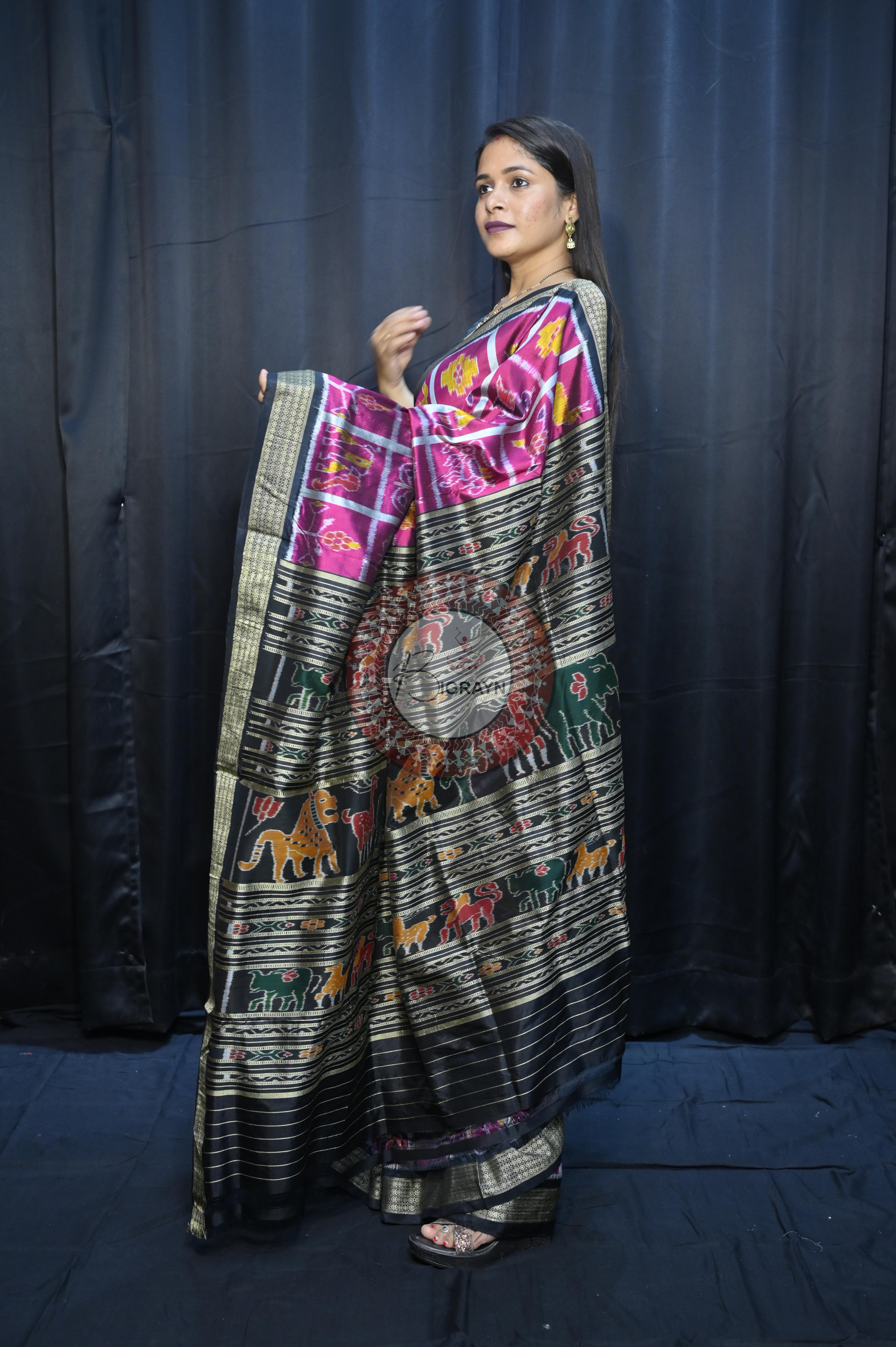 Magenta Black Nabakothi Design Mulberry Silk Saree