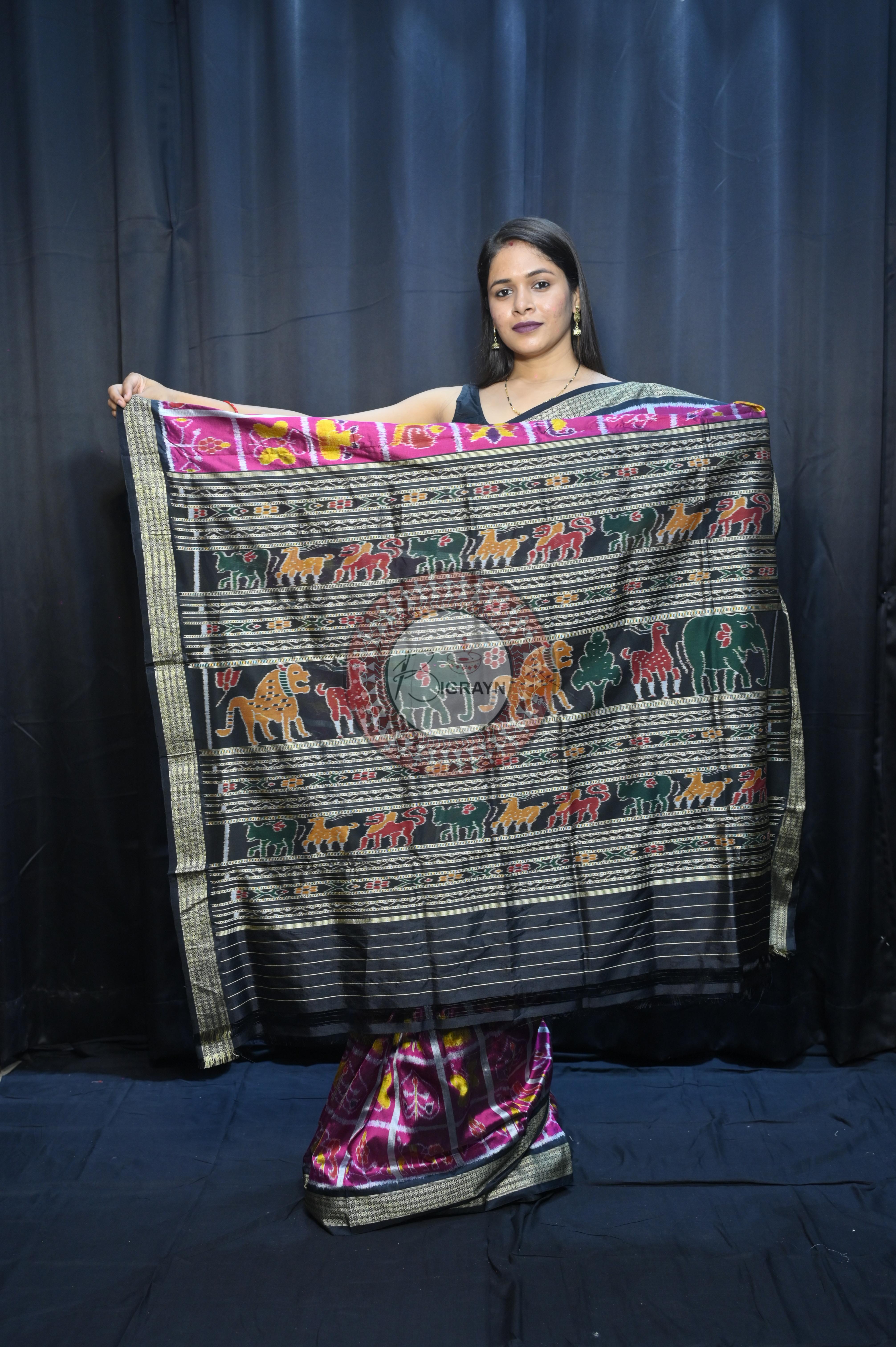 Magenta Black Nabakothi Design Mulberry Silk Saree