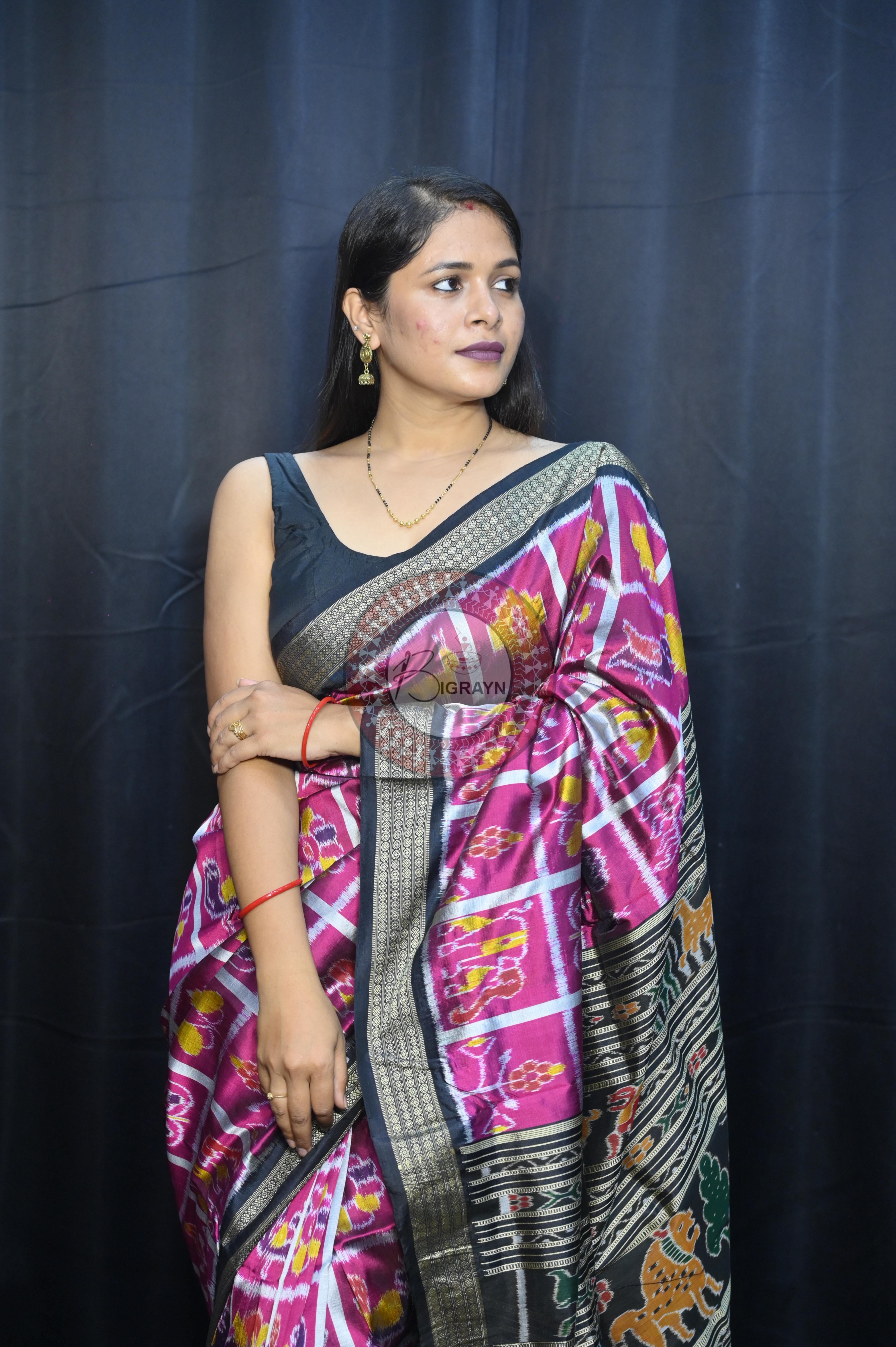Magenta Black Nabakothi Design Mulberry Silk Saree
