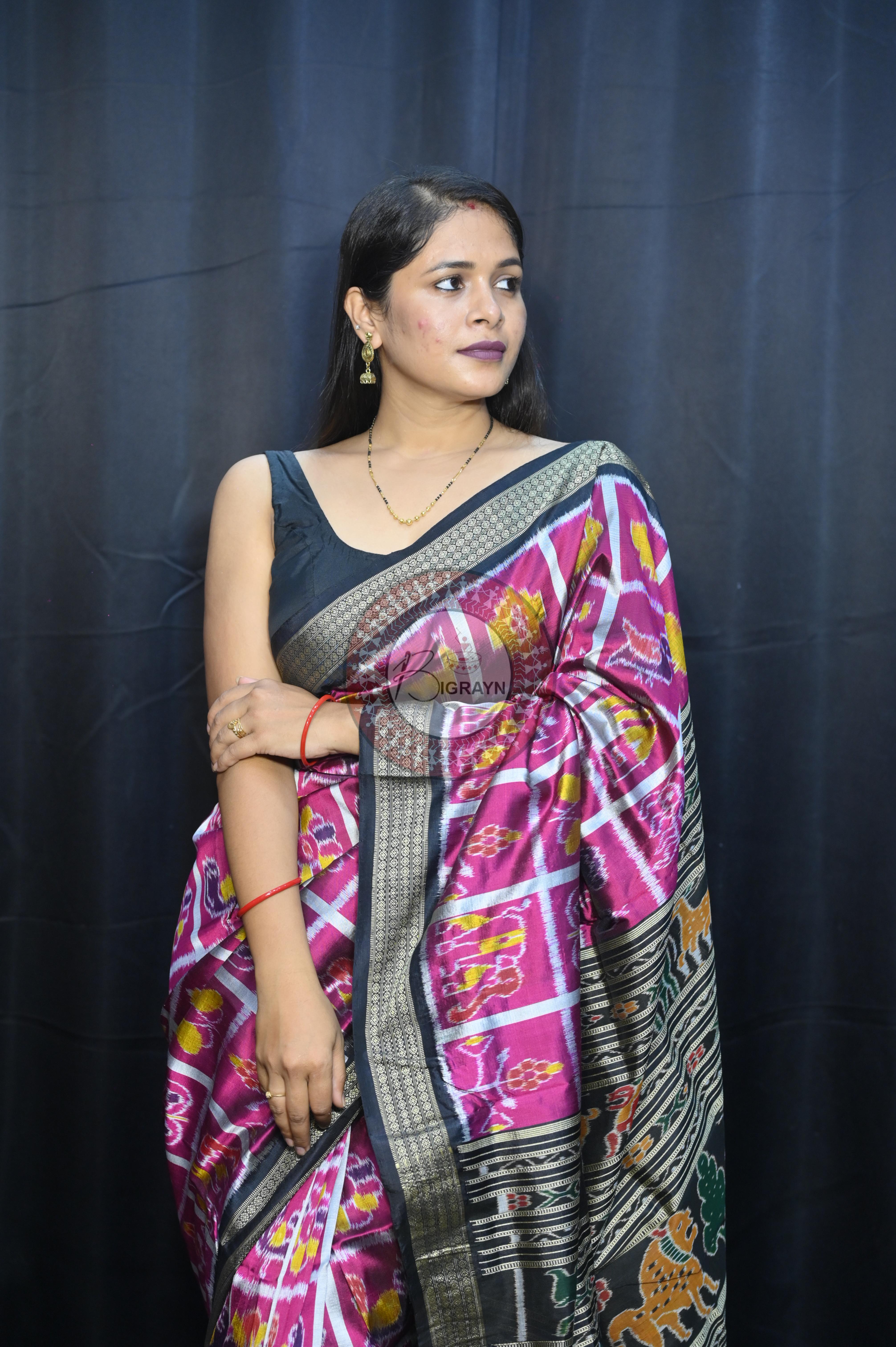 Magenta Black Nabakothi Design Mulberry Silk Saree