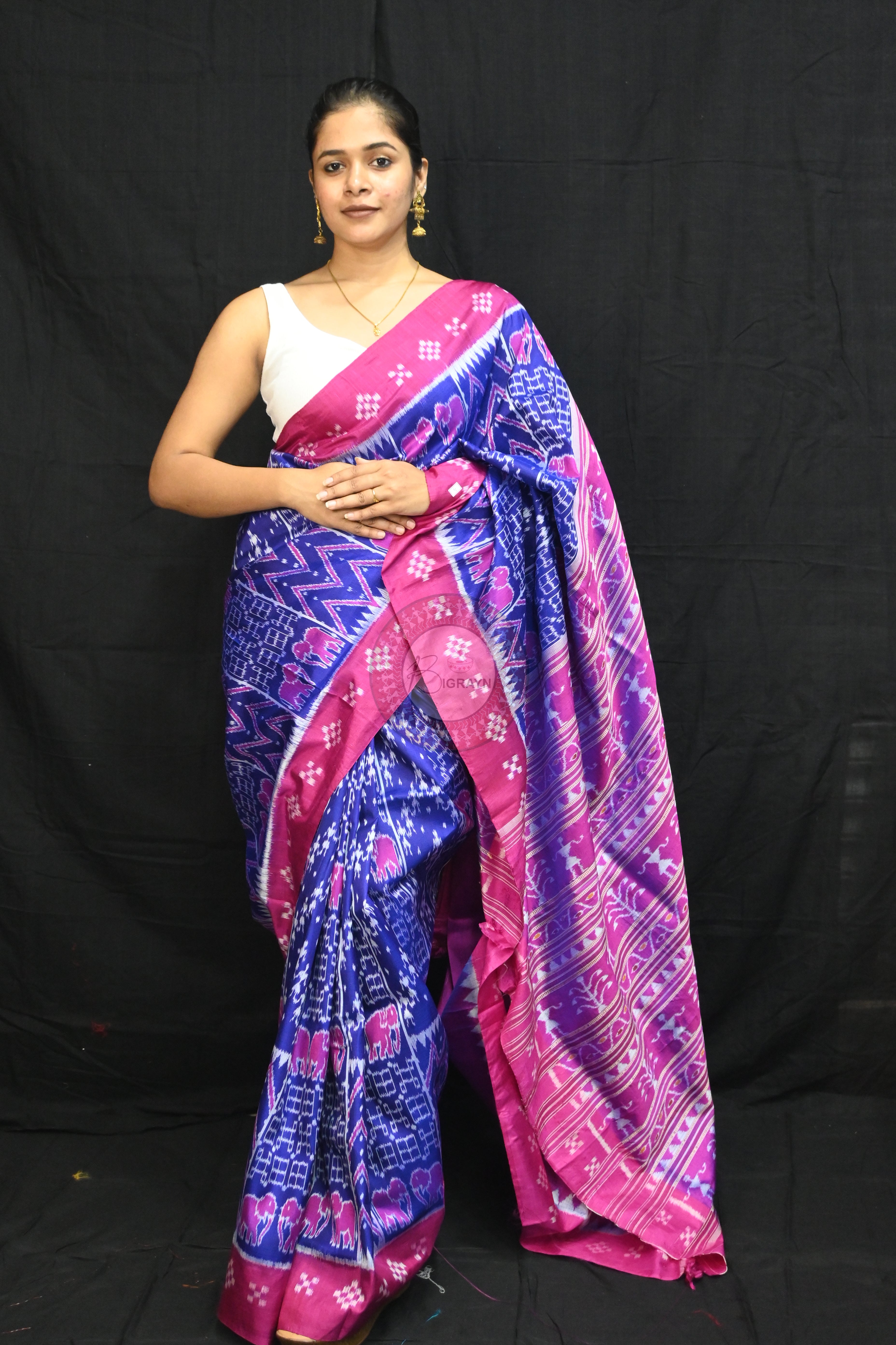 Blue Magenta Tribals Elephants Mulberry Silk Saree