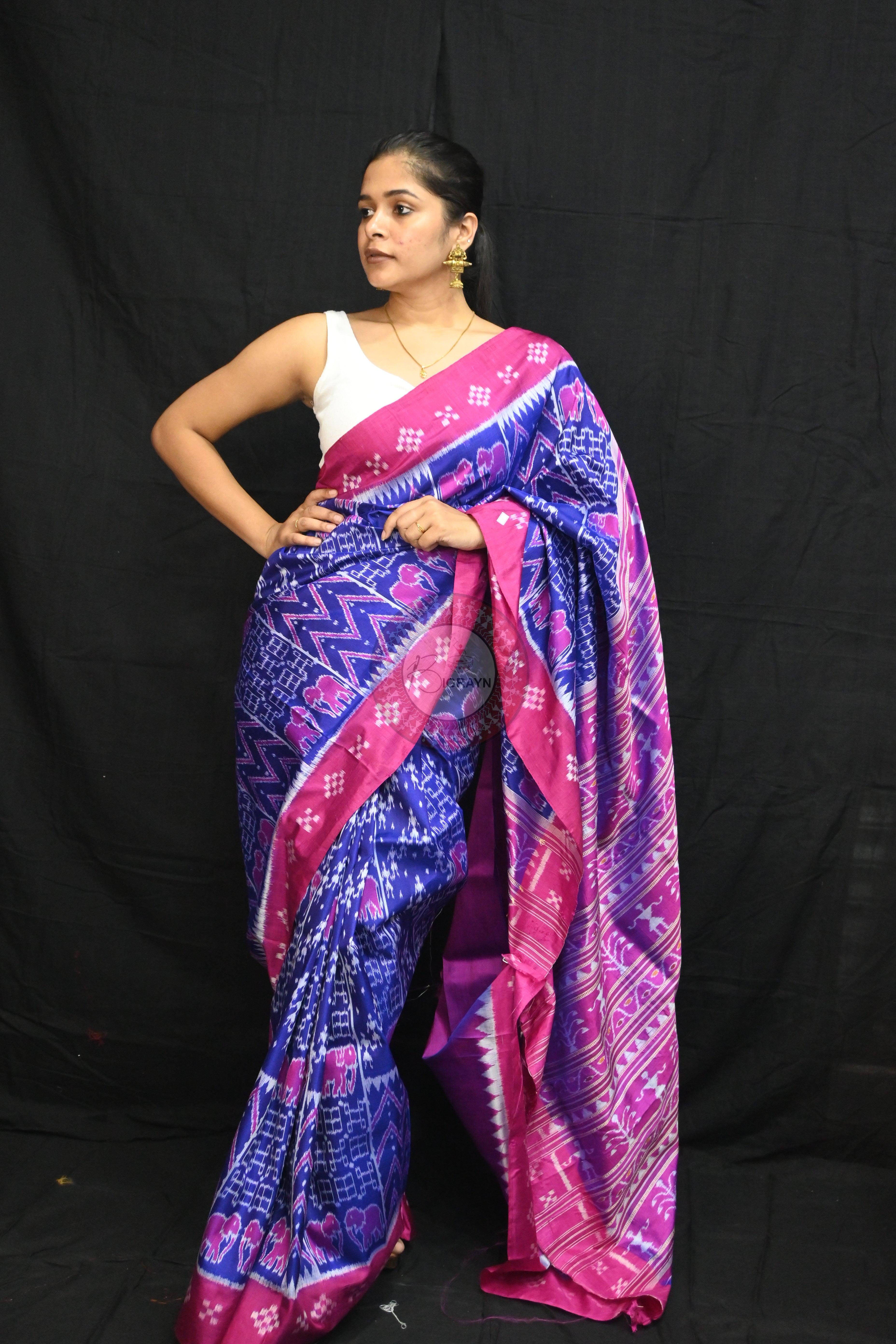 Blue Magenta Tribals Elephants Mulberry Silk Saree