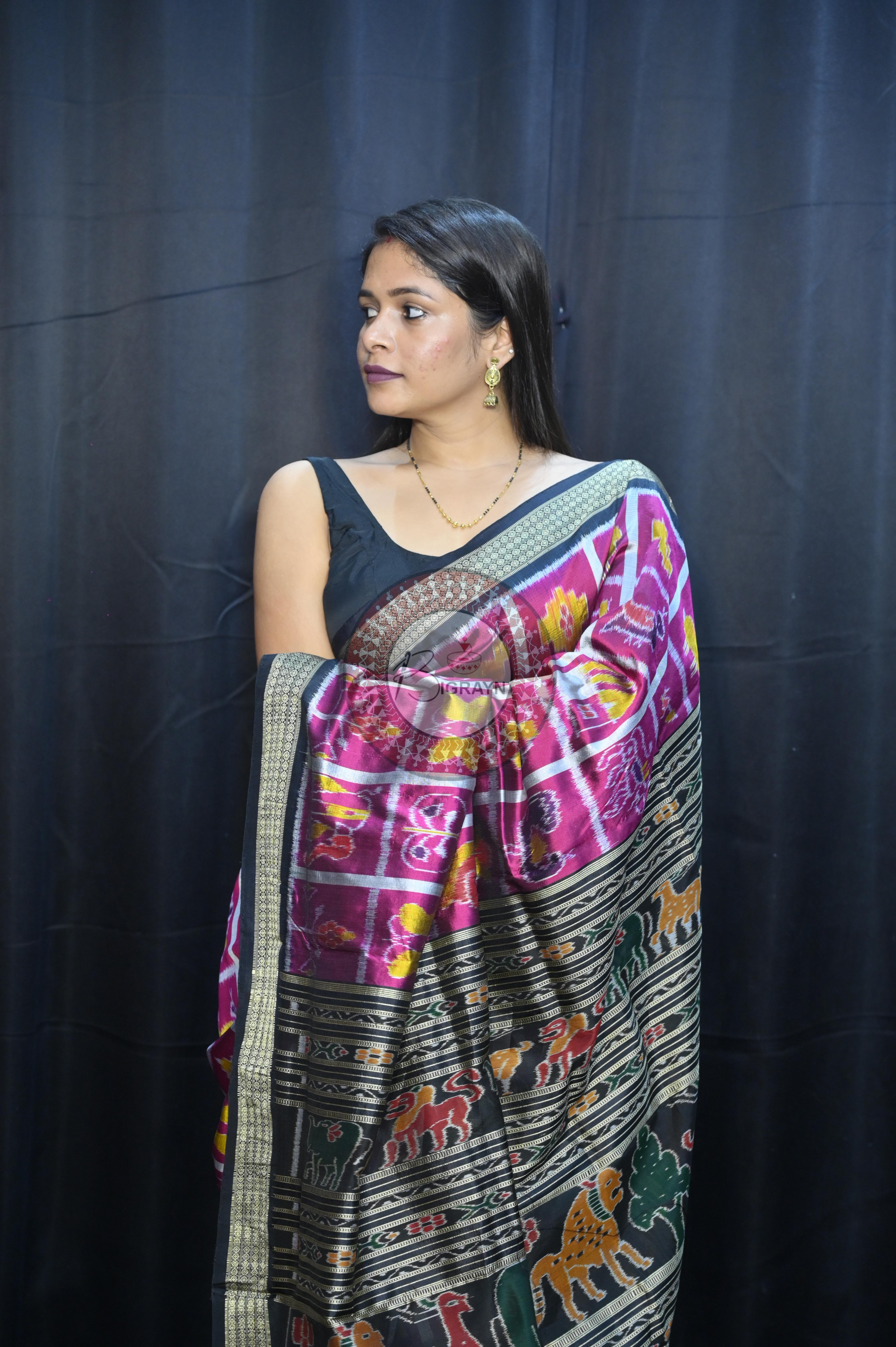 Magenta Black Nabakothi Design Mulberry Silk Saree