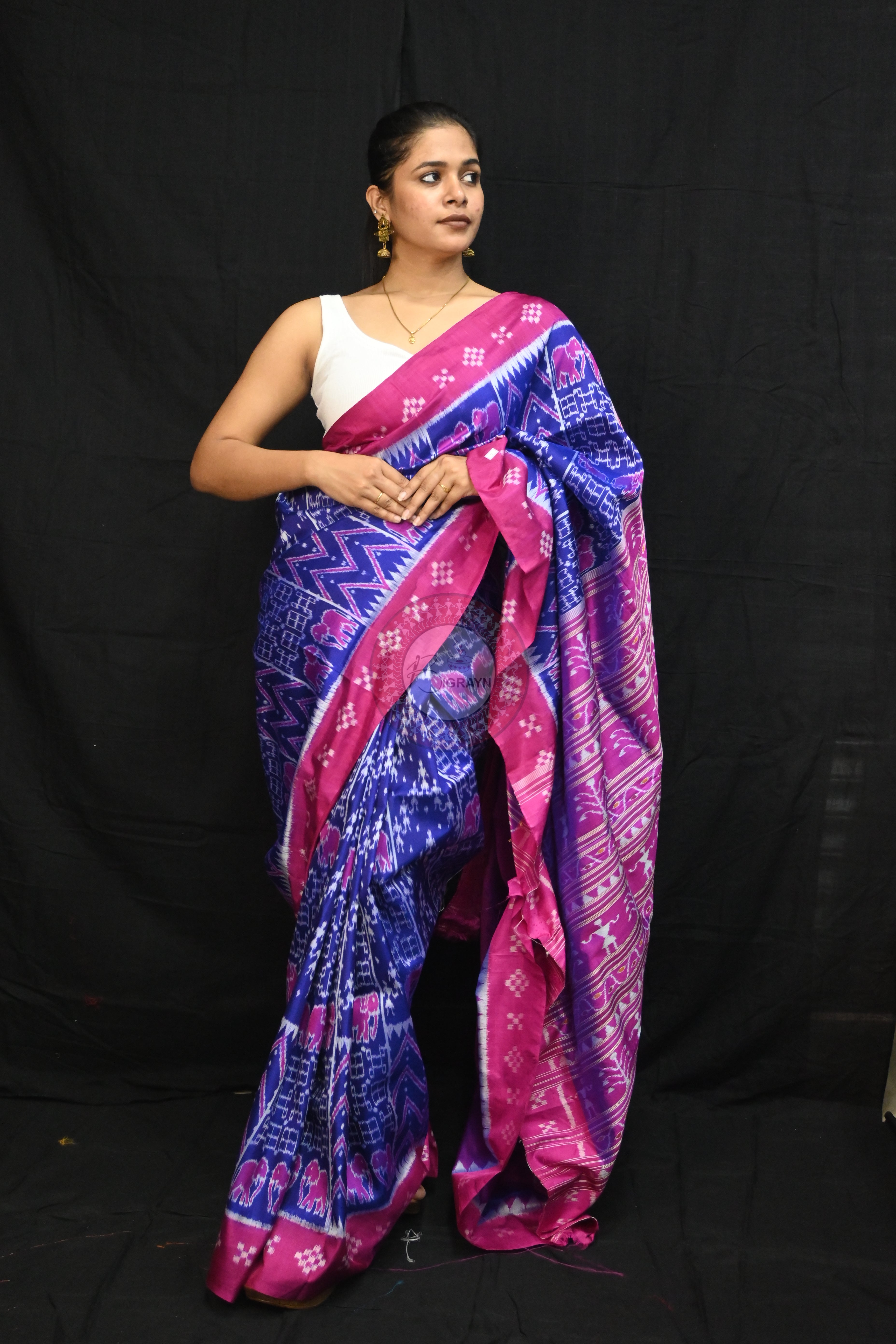 Blue Magenta Tribals Elephants Mulberry Silk Saree