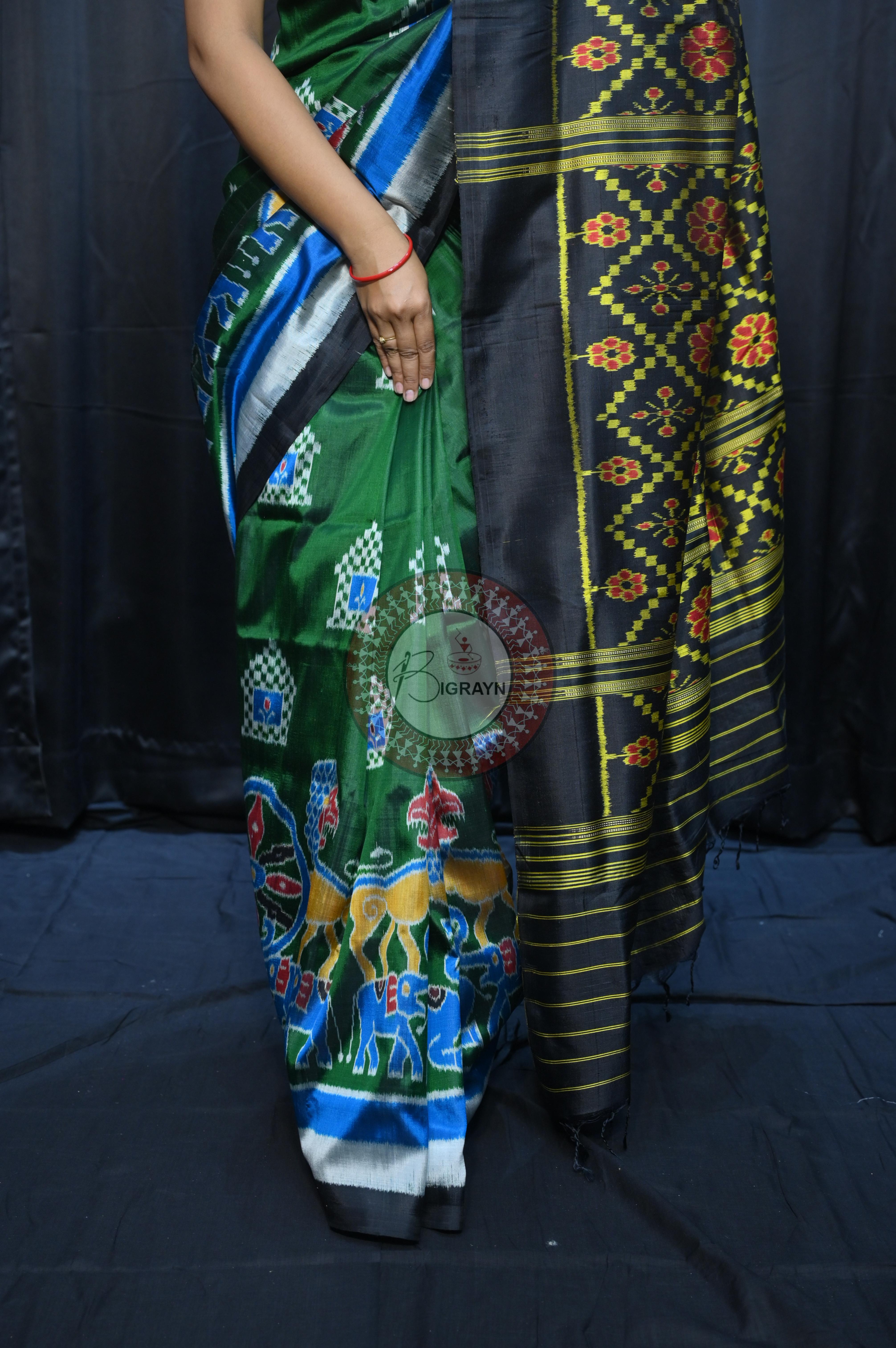 Buttle Green Multi Colour Scot Elephant And Konark Wheel Design Mulberry Silk Saree