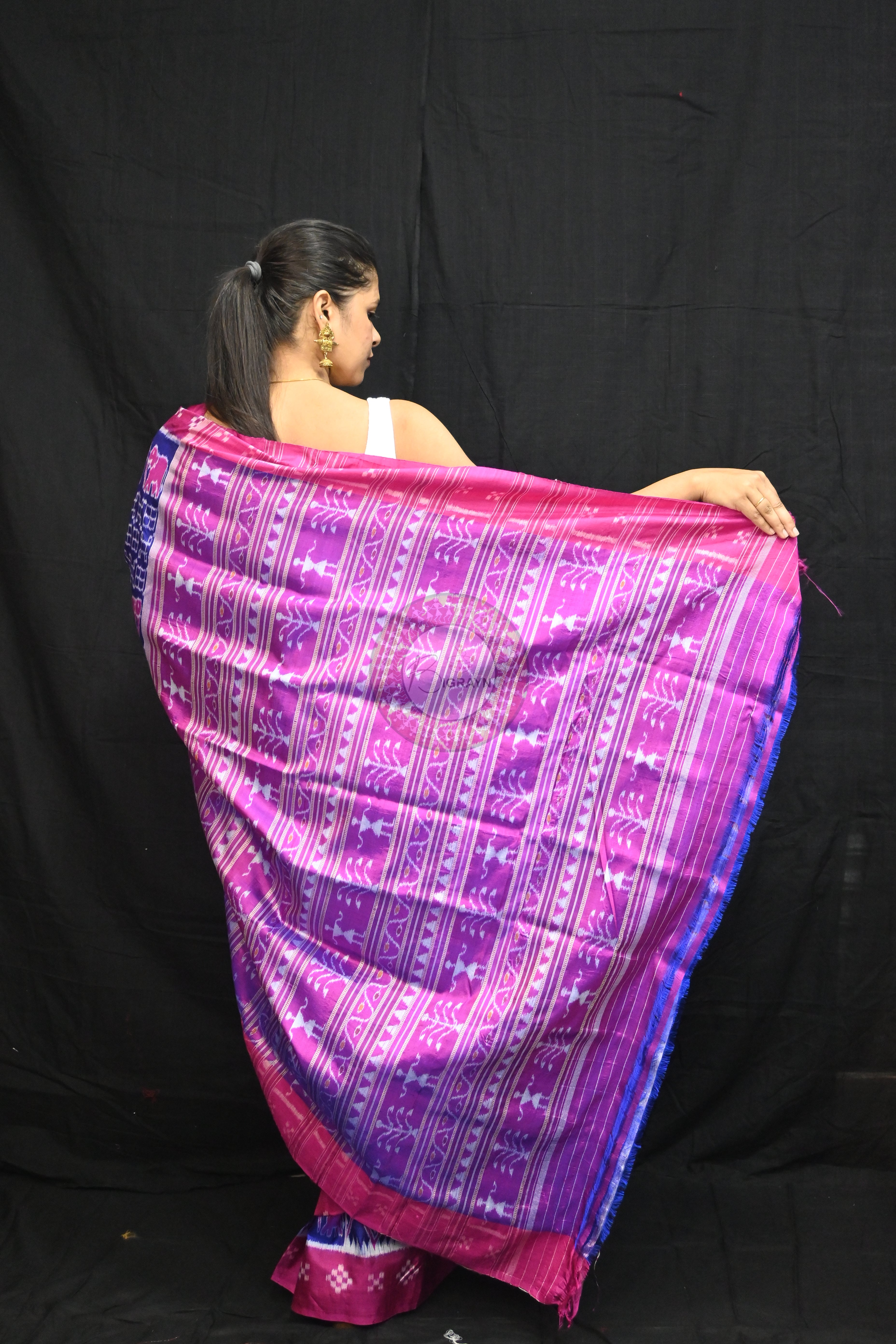 Blue Magenta Tribals Elephants Mulberry Silk Saree
