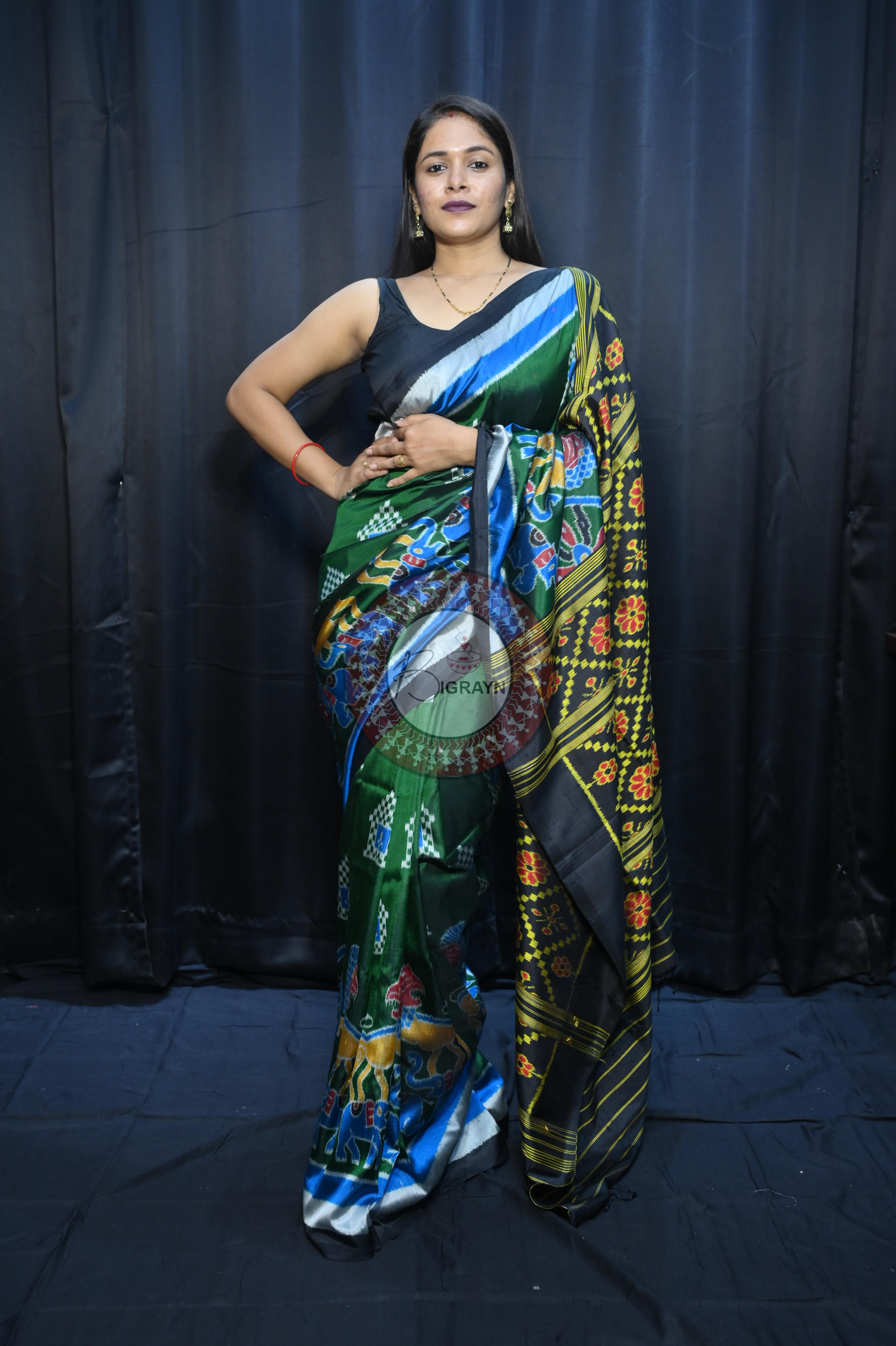Buttle Green Multi Colour Scot Elephant And Konark Wheel Design Mulberry Silk Saree