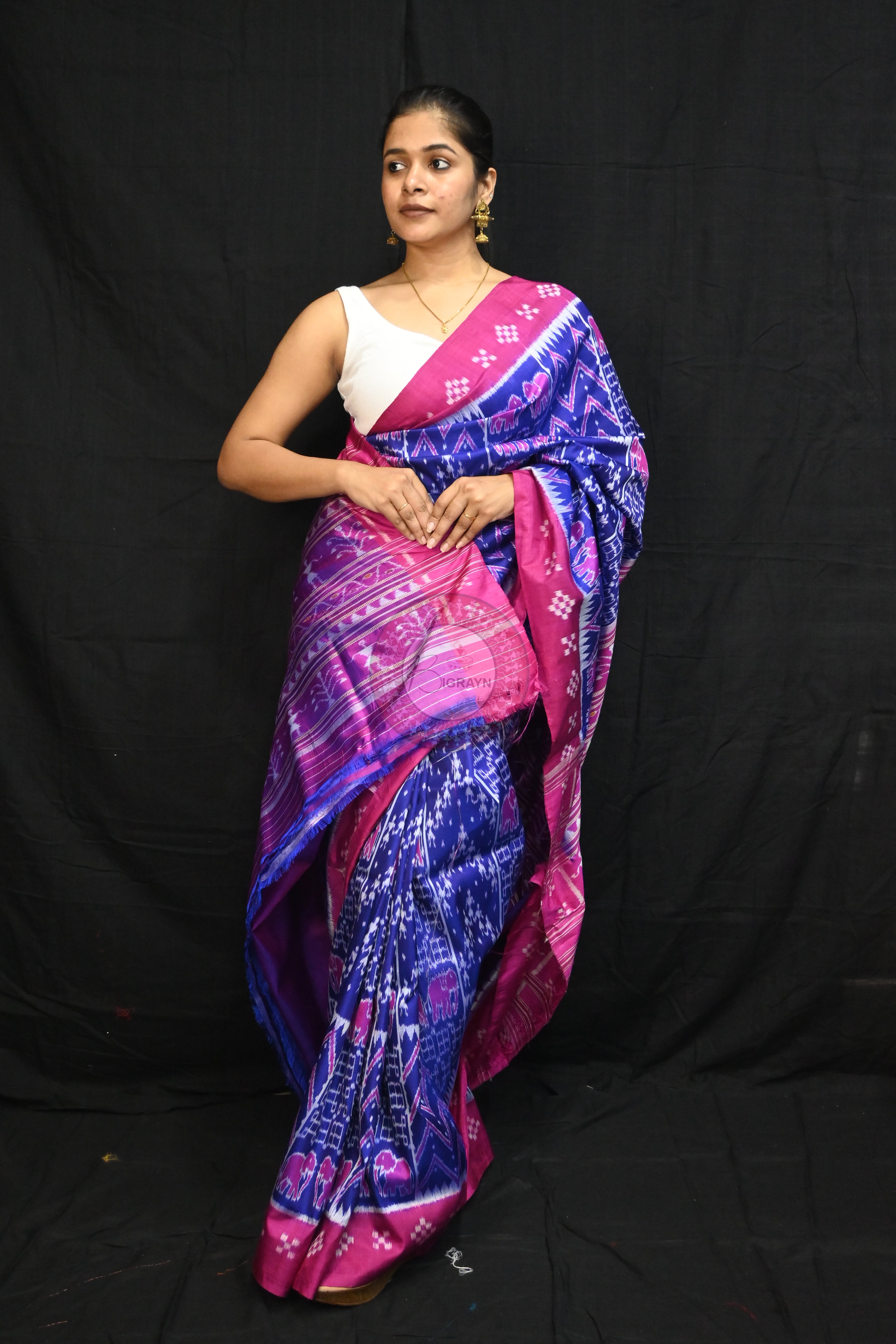 Blue Magenta Tribals Elephants Mulberry Silk Saree