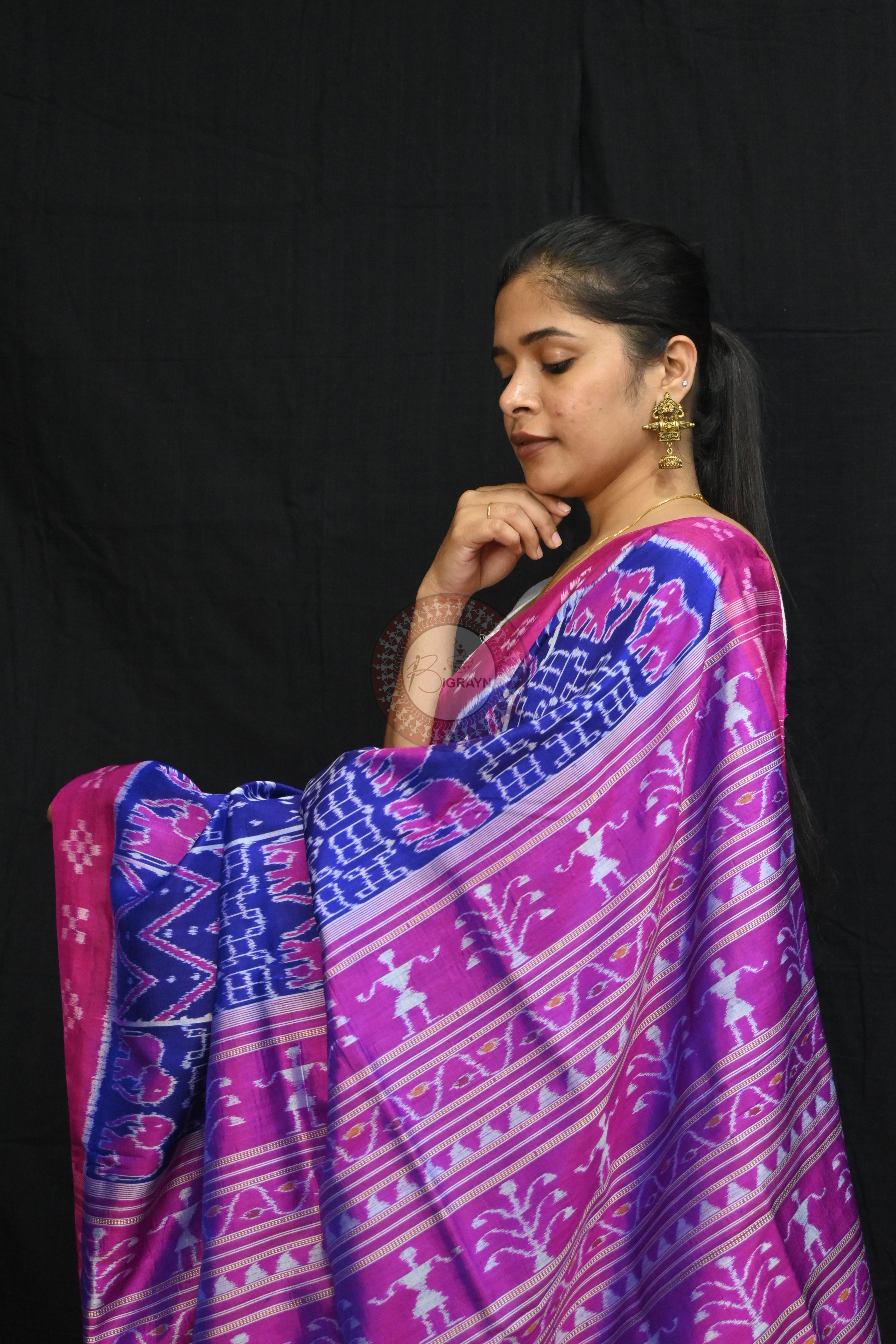 Blue Magenta Tribals Elephants Mulberry Silk Saree